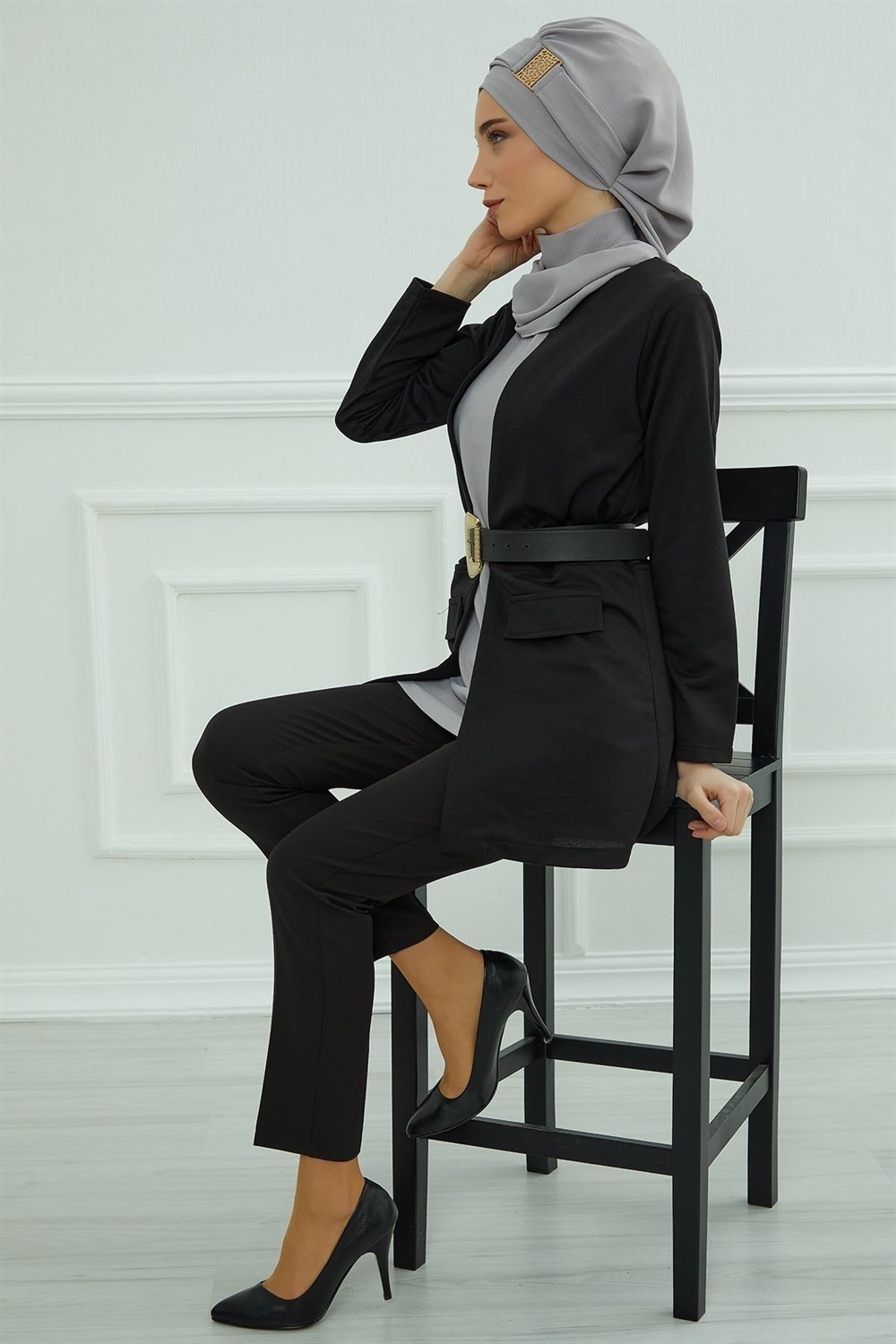 Aisha's Design Dekolte Kapatabilen Gold Aksesuarlı Hazır Türban,Gri,HT-11A görsel 6