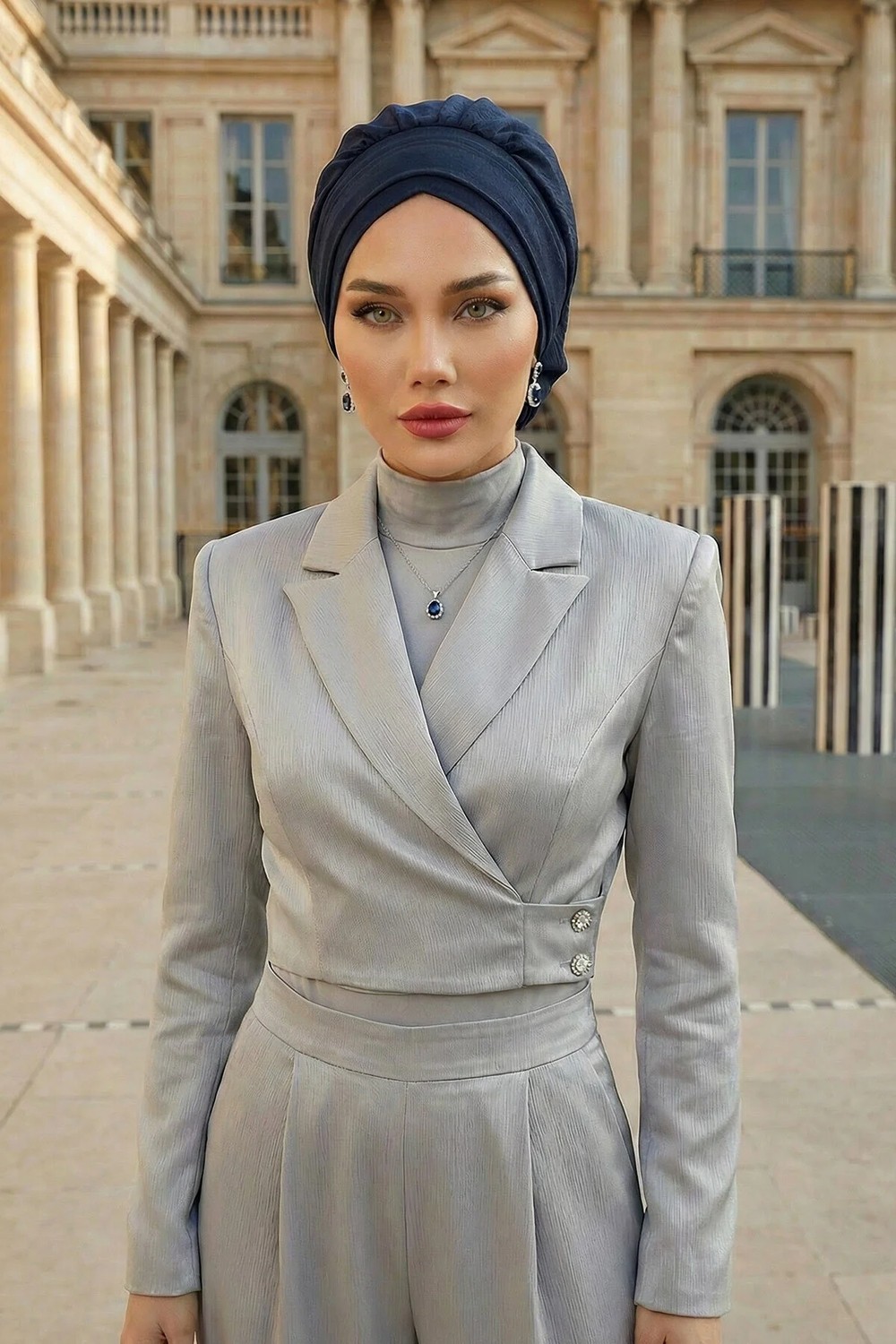 Aisha's Design Pileli Hazır Türban,Lacivert,HT-91 görsel 5
