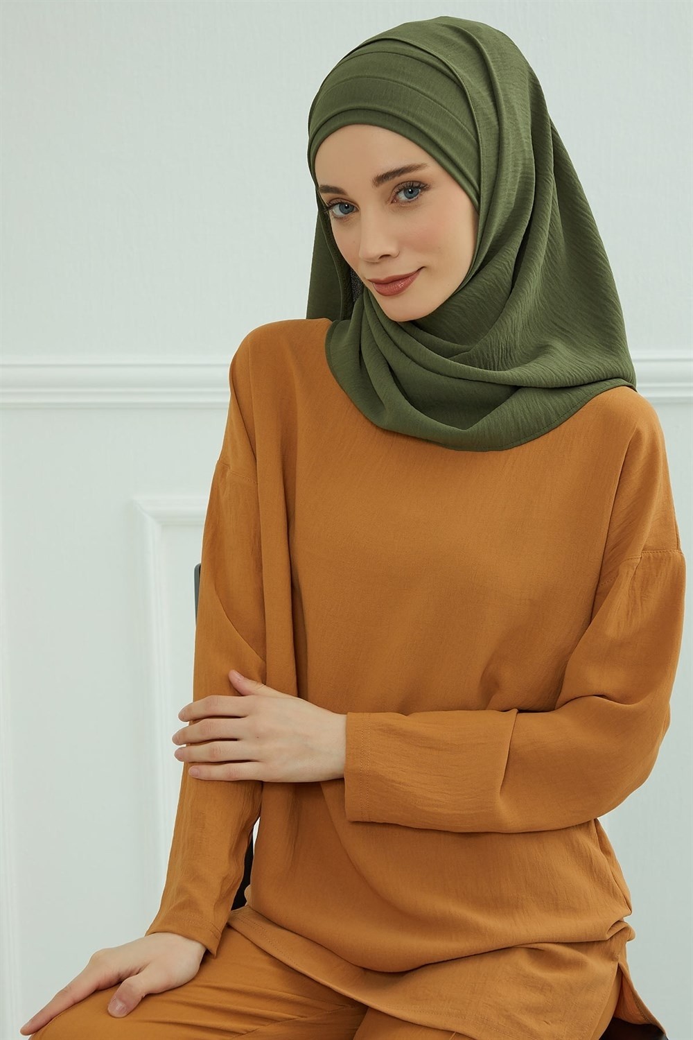 Aisha's Design Pileli Tasarım Şal,Haki Yeşili,CPS-93 görsel 3