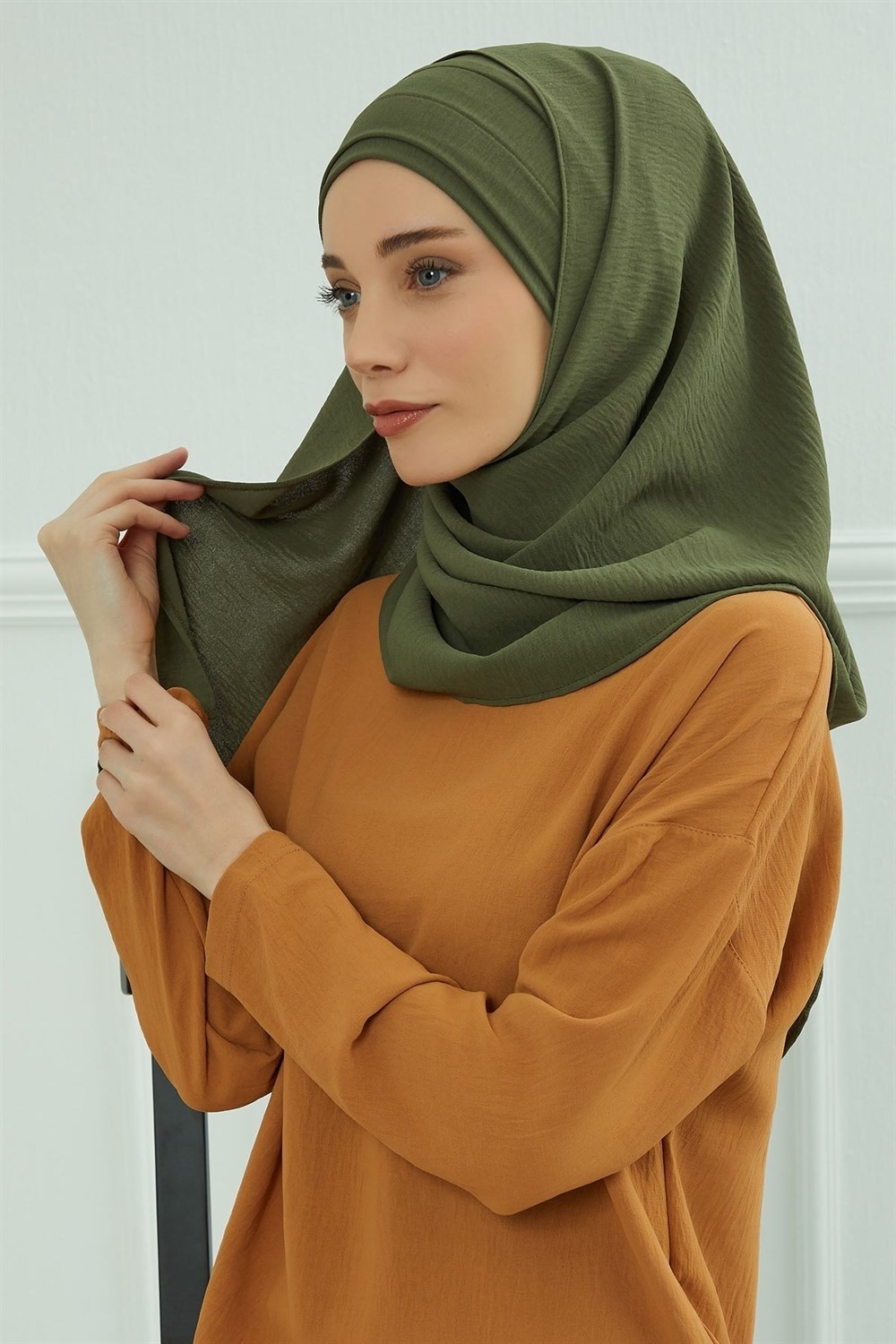 Aisha's Design Pileli Tasarım Şal,Haki Yeşili,CPS-93 görsel 5