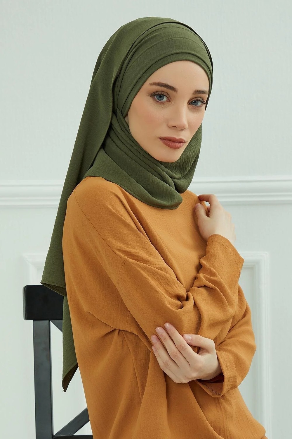Aisha's Design Pileli Tasarım Şal,Haki Yeşili,CPS-93 görsel 6