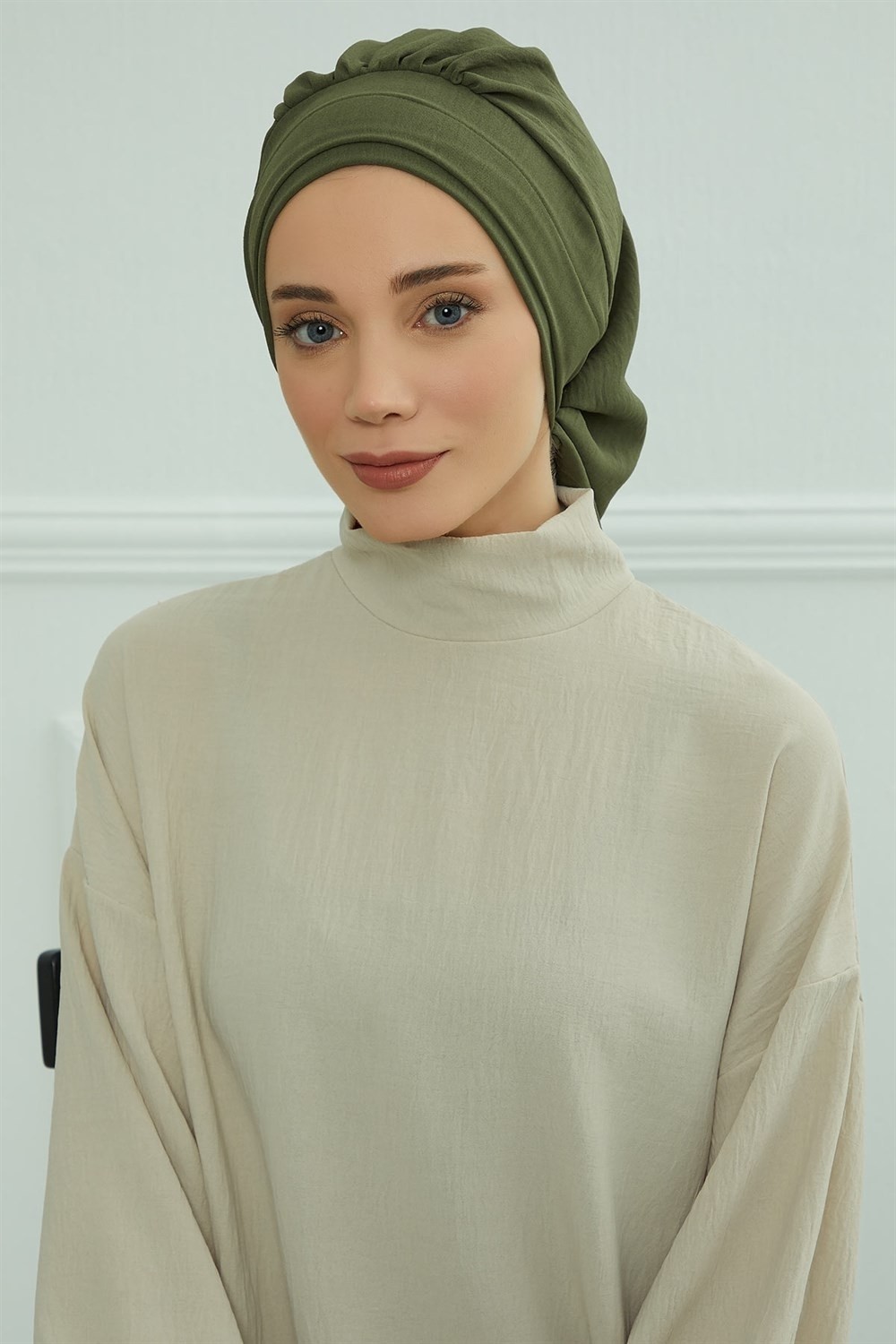 Aisha's Design Pileli Hazır Türban,Haki Yeşili,HT-91 görsel 3