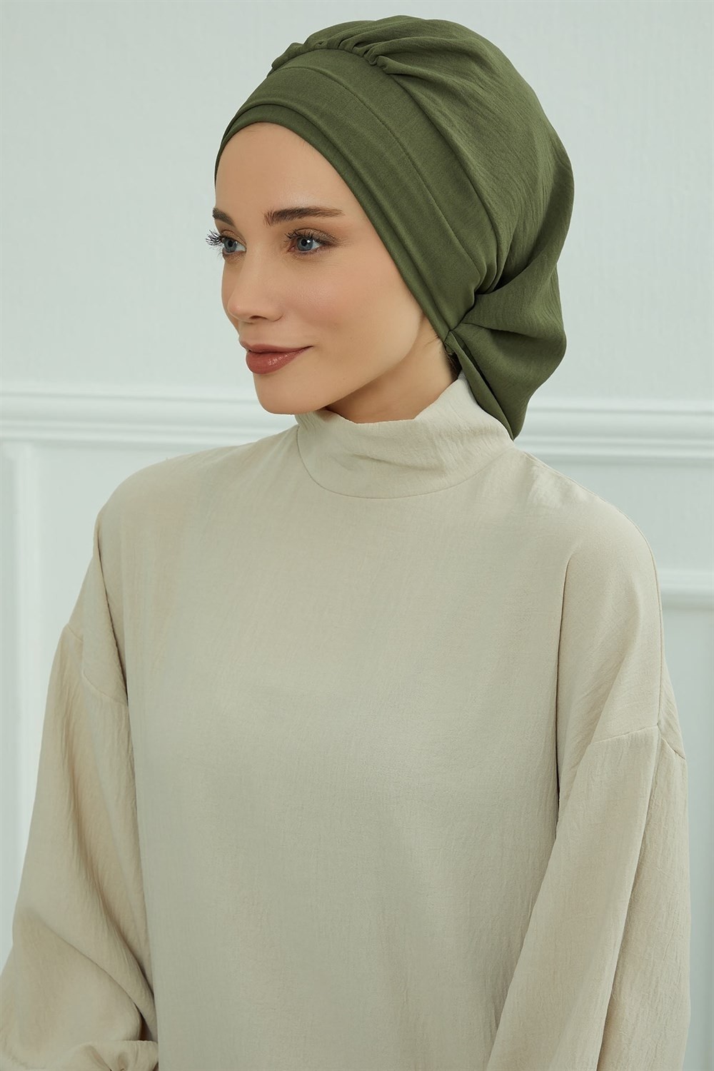 Aisha's Design Pileli Hazır Türban,Haki Yeşili,HT-91 görsel 4