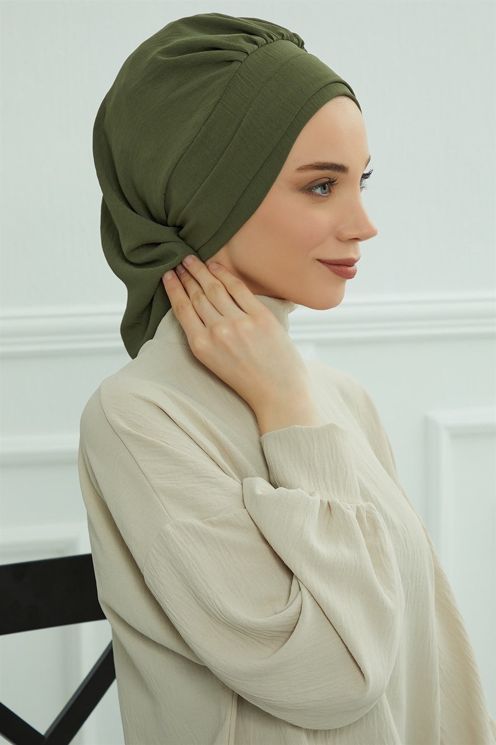 Aisha's Design Pileli Hazır Türban,Haki Yeşili,HT-91 görsel 5