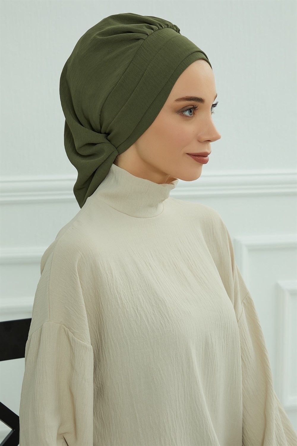 Aisha's Design Pileli Hazır Türban,Haki Yeşili,HT-91 görsel 6