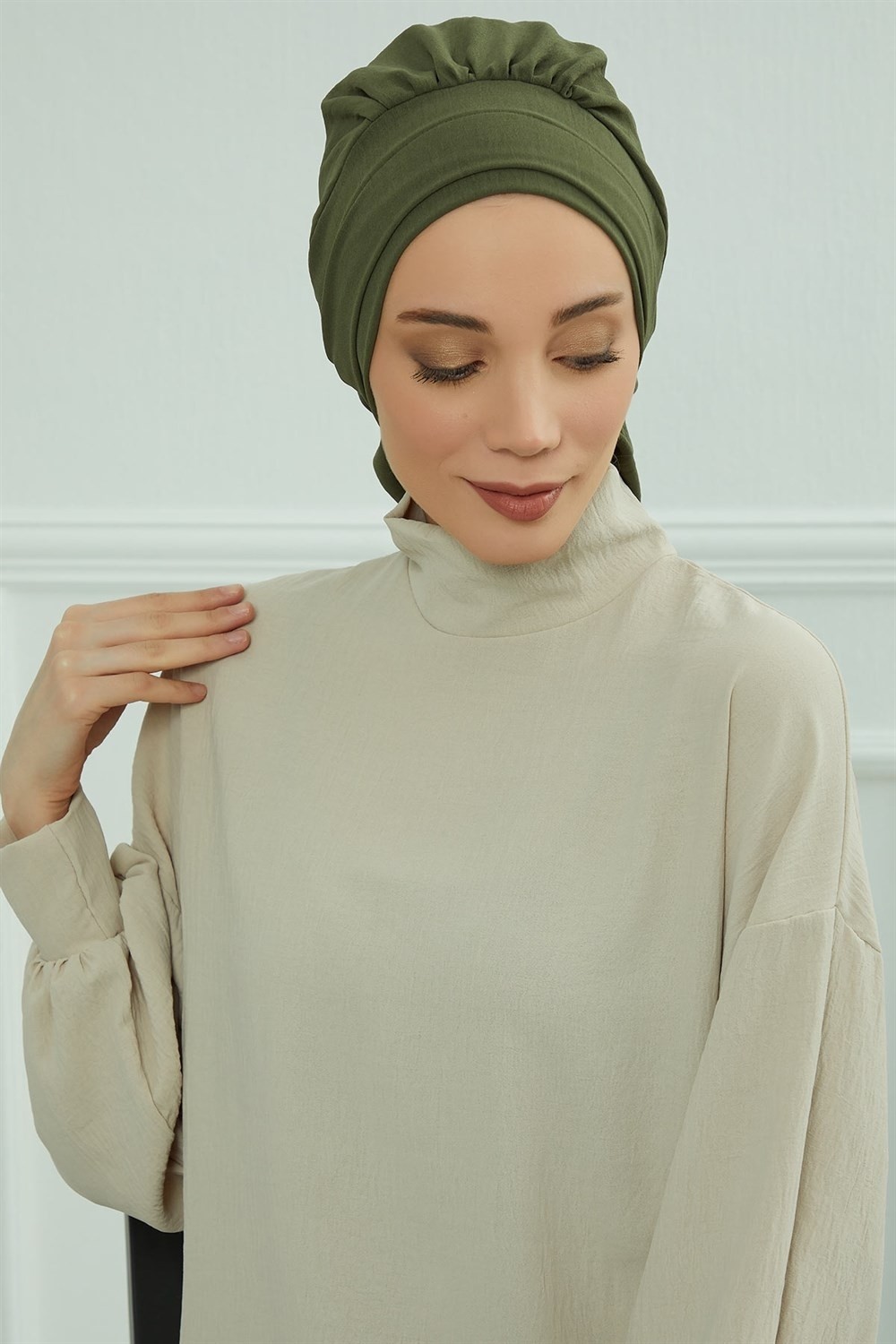 Aisha's Design Pileli Hazır Türban,Haki Yeşili,HT-91 görsel 7