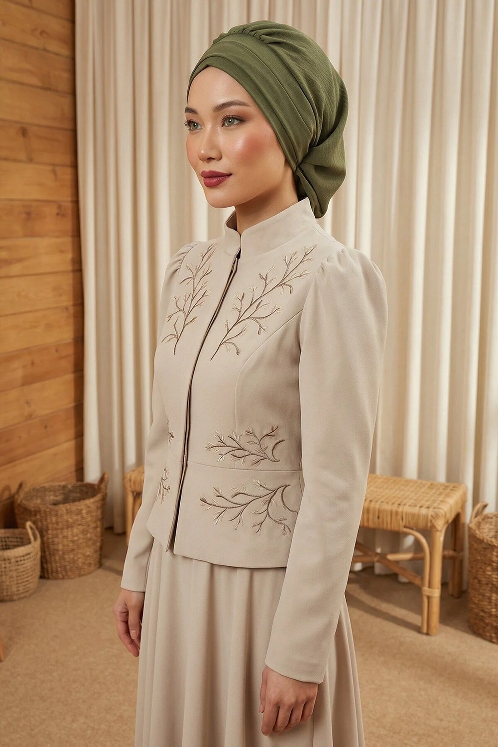 Aisha's Design Pileli Hazır Türban,Haki Yeşili,HT-91