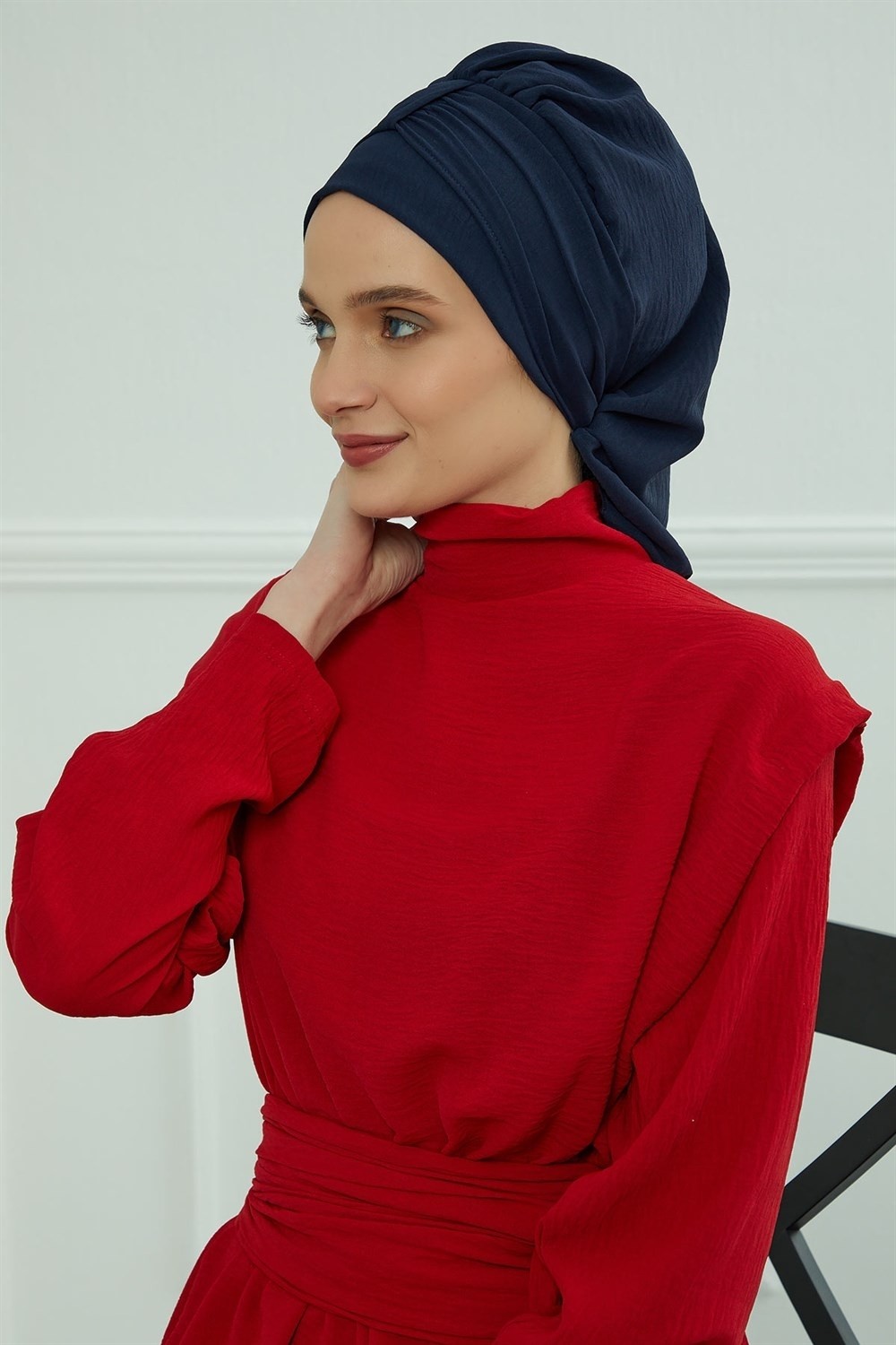 Aisha's Design Pratik Kullanışlı Hazır Türban,Lacivert,HT-90 görsel 4