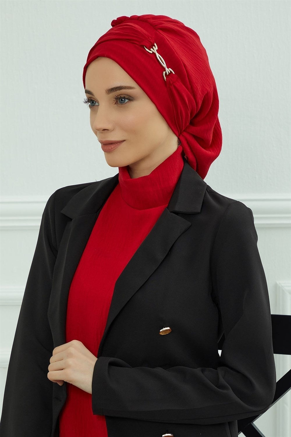 Aisha's Design Aksesuarlı Hazır Türban,Kırmızı,HT-93 görsel 4
