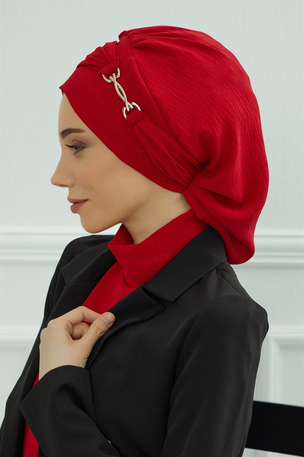 Aisha's Design Aksesuarlı Hazır Türban,Kırmızı,HT-93 görsel 5