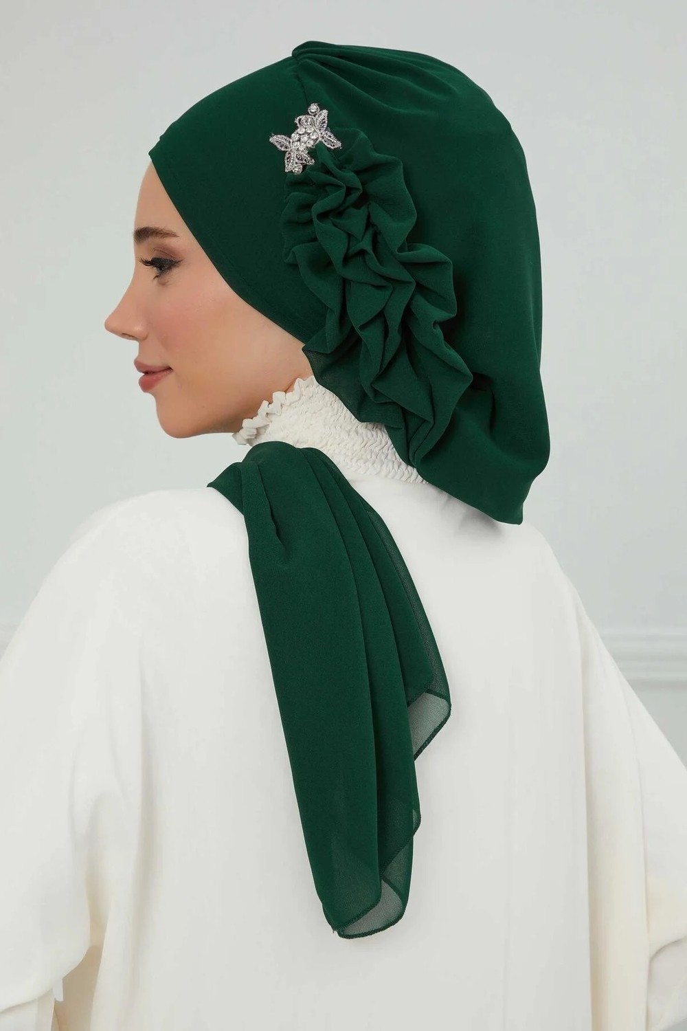 Aisha's Design Yandan Fırfırlı Gümüş Aksesuarlı Şifon Hazır Türban,ht-106,ht-106 görsel 6