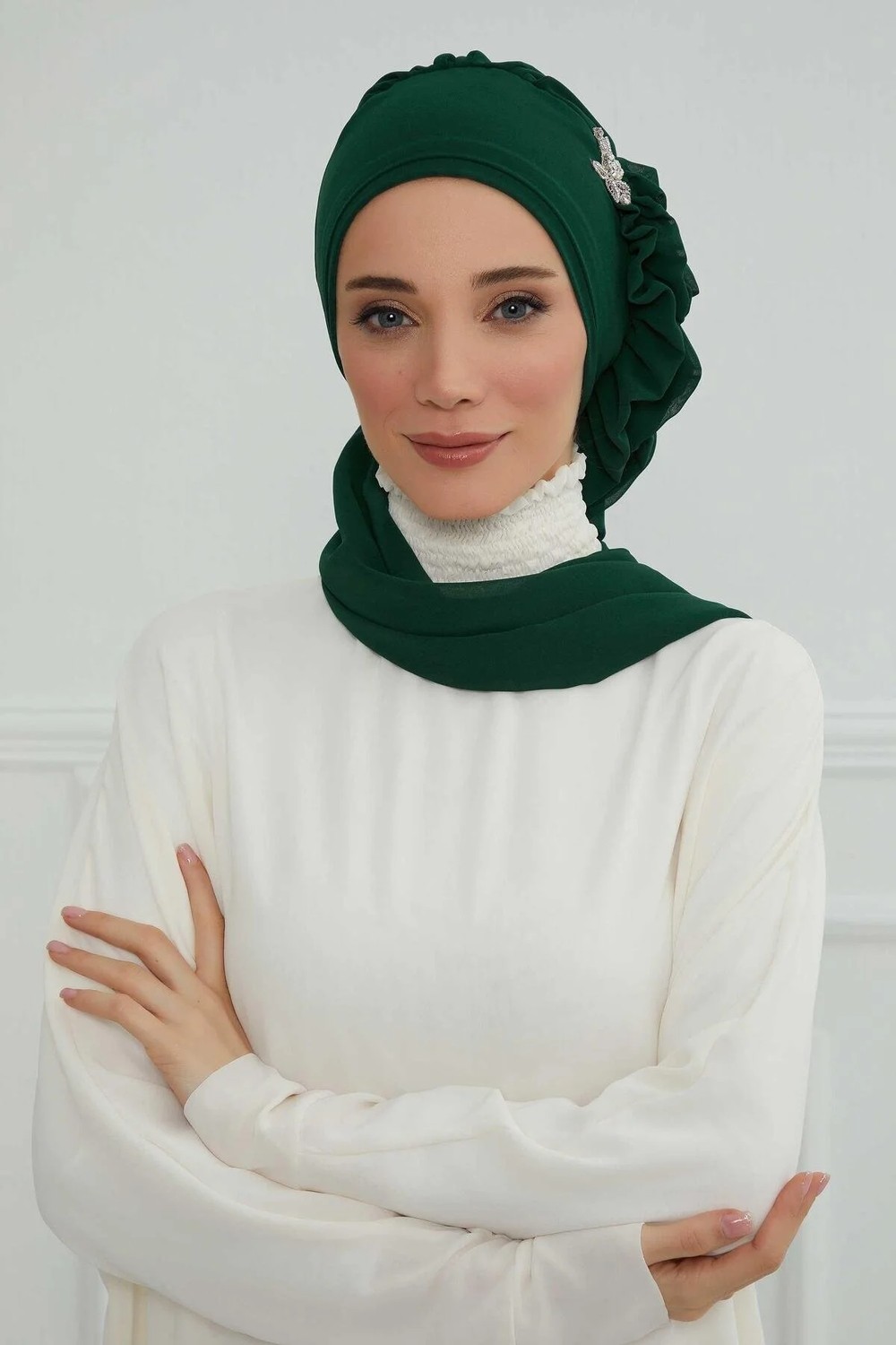 Aisha's Design Yandan Fırfırlı Gümüş Aksesuarlı Şifon Hazır Türban,ht-106,ht-106 görsel 7