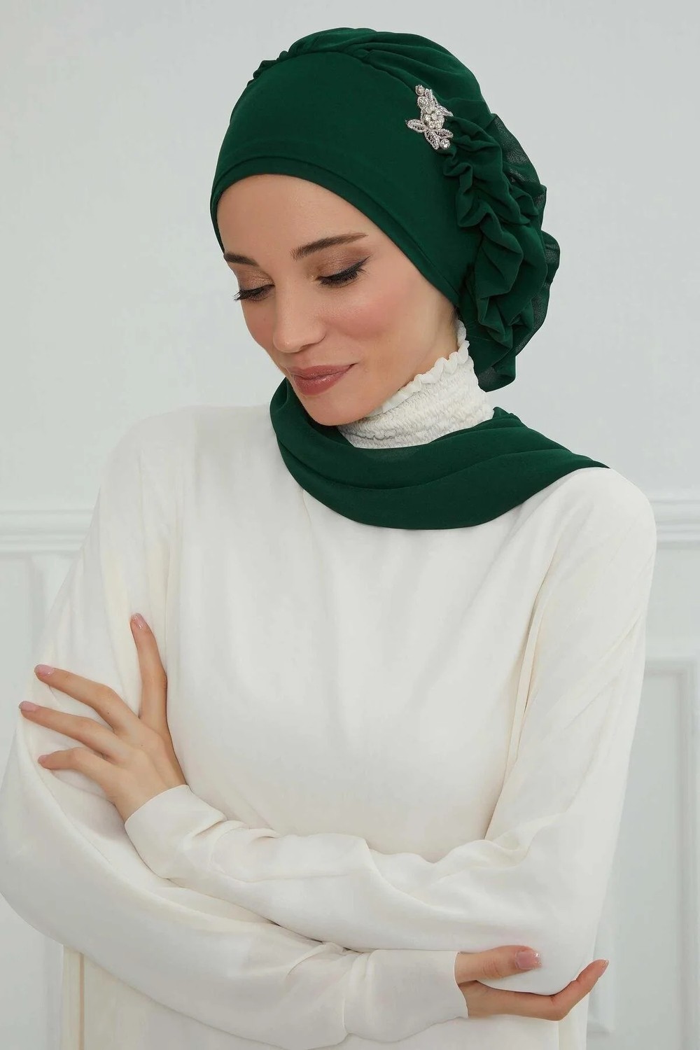 Aisha's Design Yandan Fırfırlı Gümüş Aksesuarlı Şifon Hazır Türban,ht-106,ht-106 görsel 8