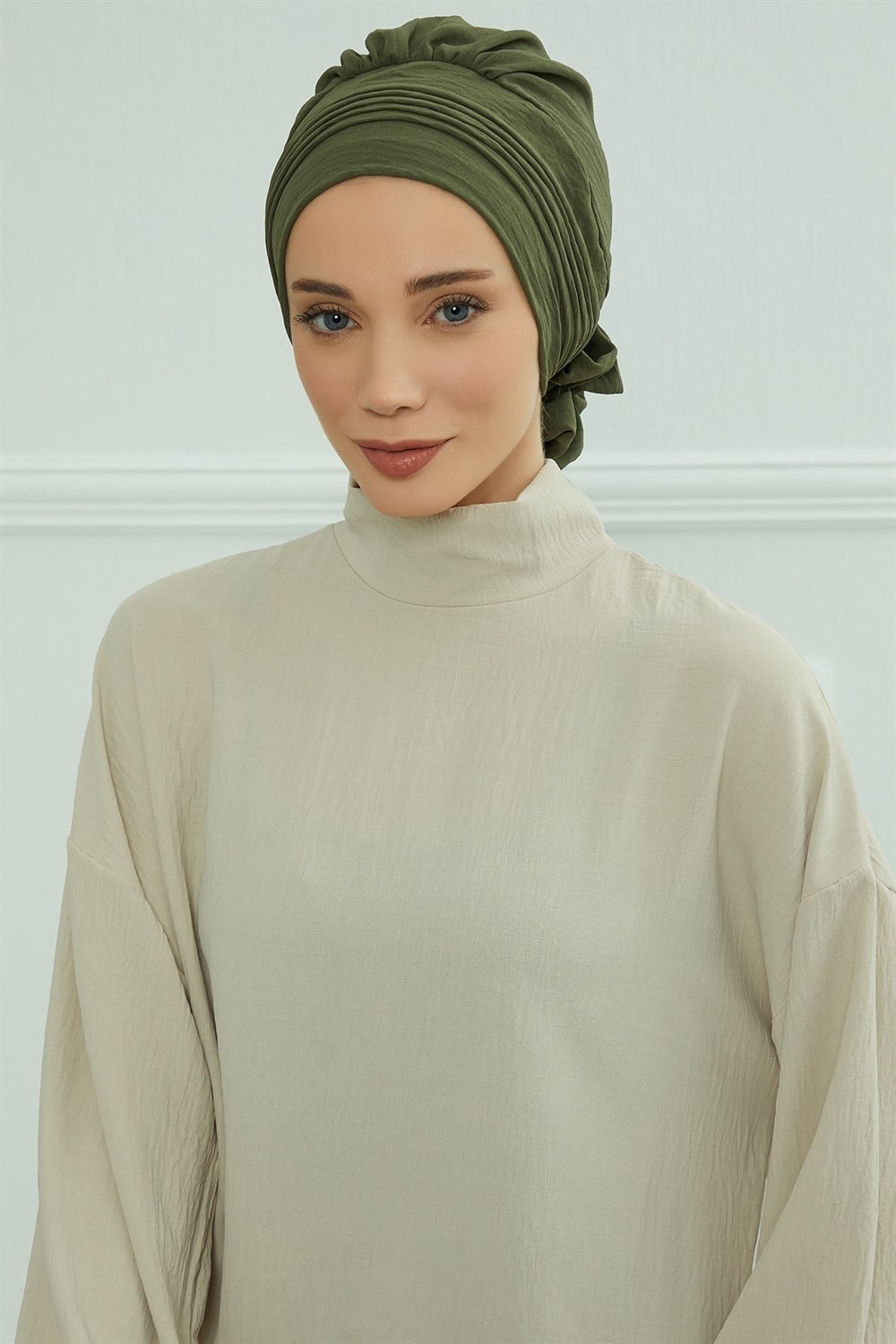 Aisha's Design Dikişli Pileli Hazır Türban,Haki Yeşili,HT-31A görsel 2