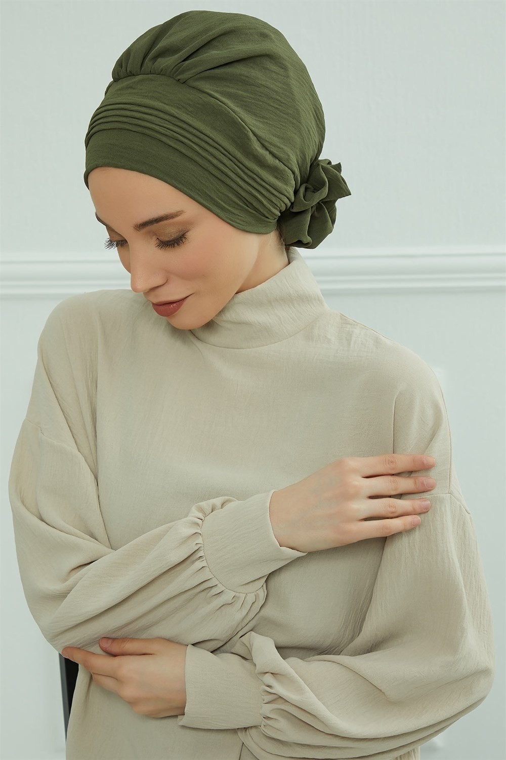 Aisha's Design Dikişli Pileli Hazır Türban,Haki Yeşili,HT-31A görsel 3