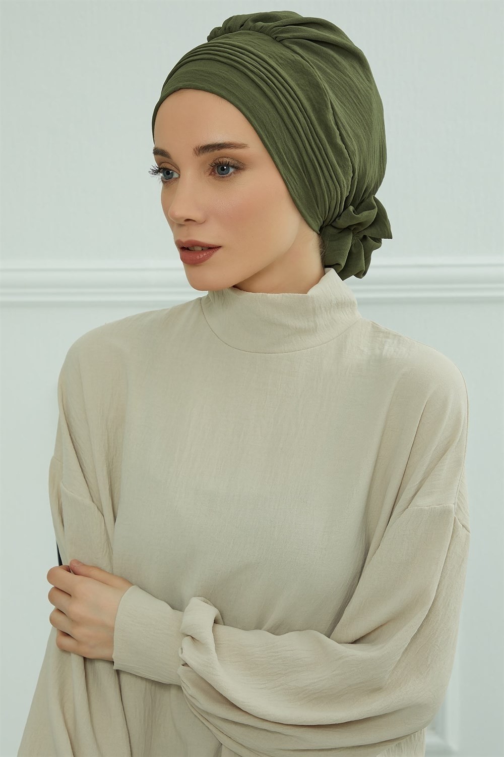 Aisha's Design Dikişli Pileli Hazır Türban,Haki Yeşili,HT-31A görsel 4
