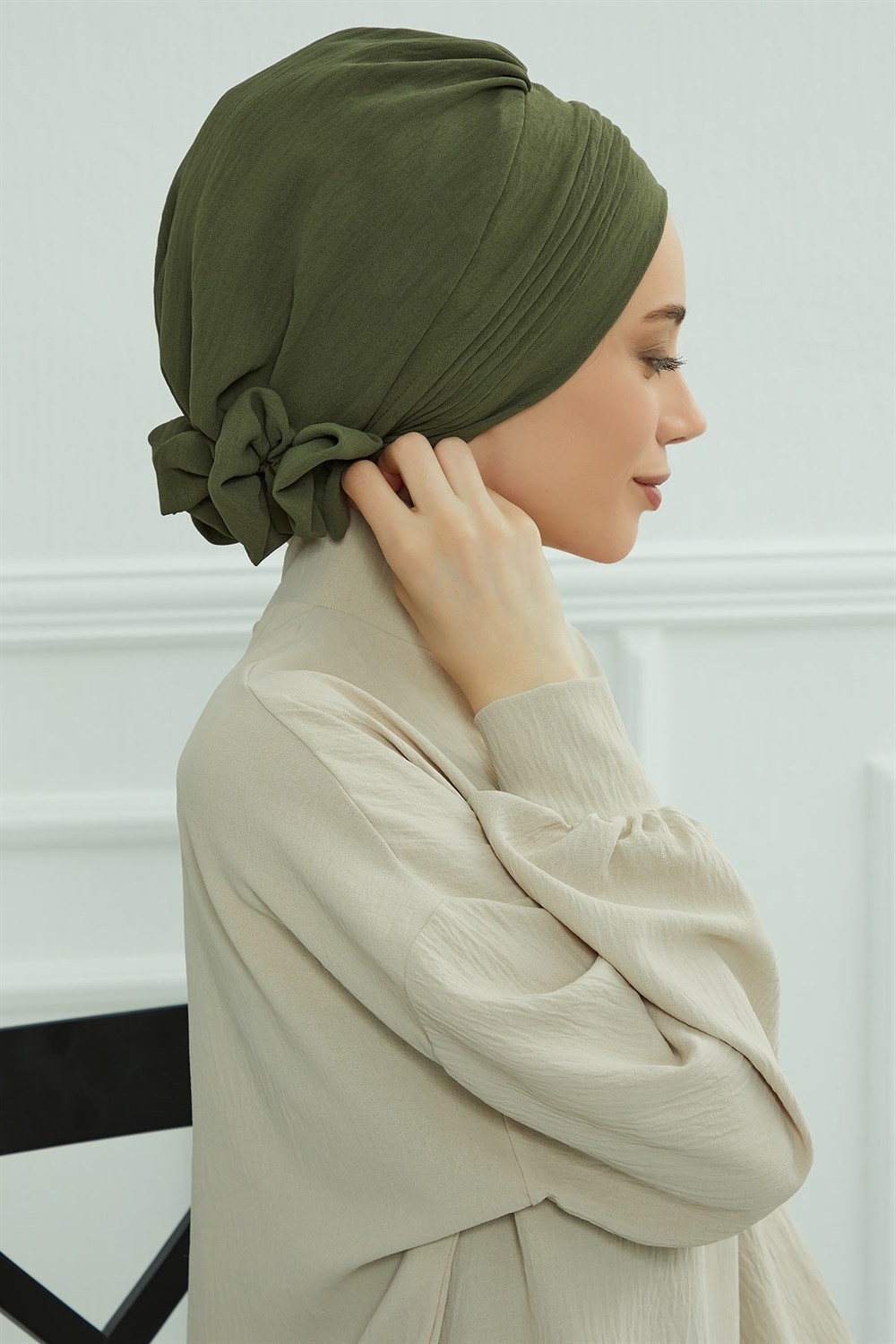 Aisha's Design Dikişli Pileli Hazır Türban,Haki Yeşili,HT-31A görsel 5