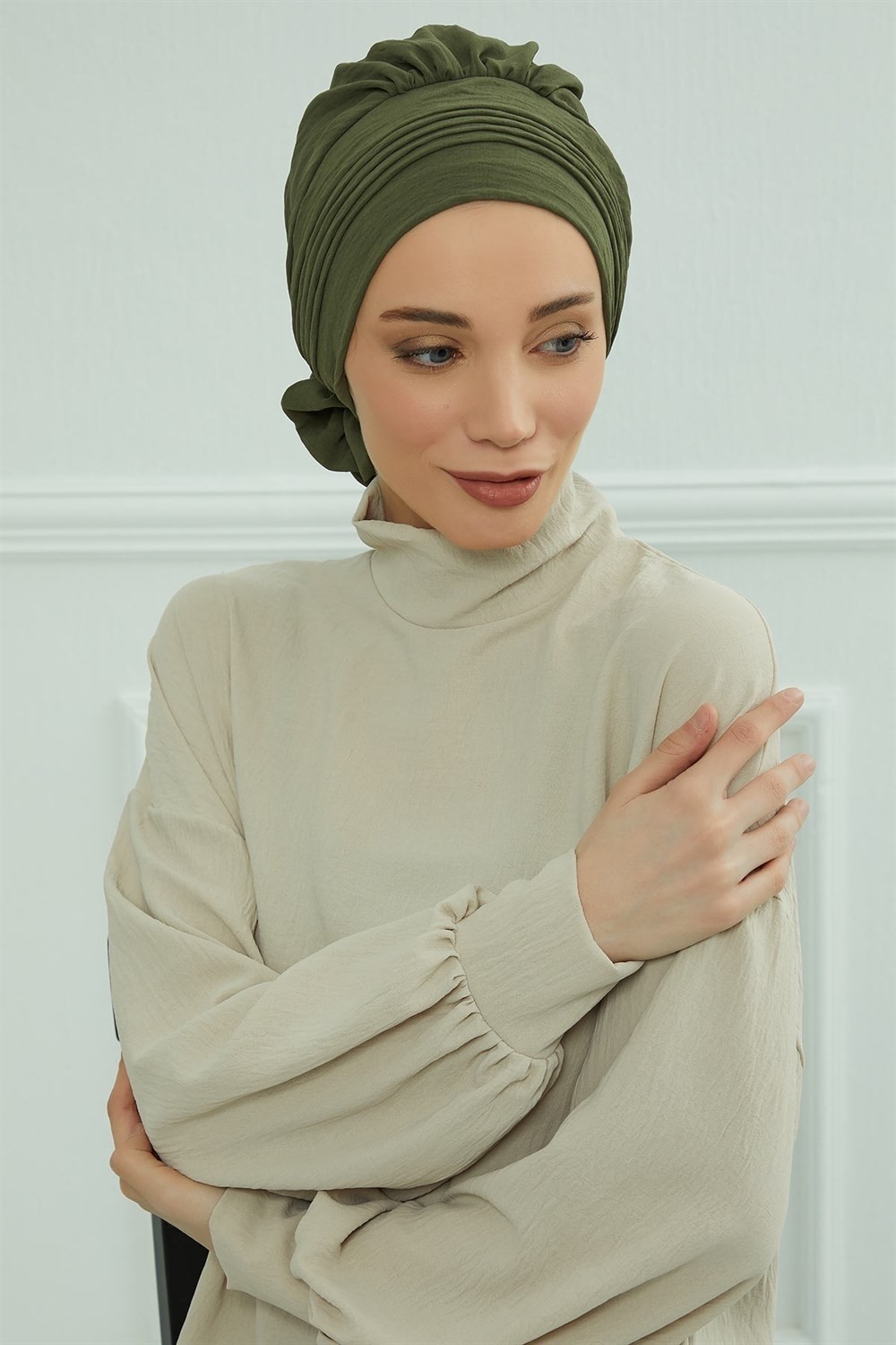 Aisha's Design Dikişli Pileli Hazır Türban,Haki Yeşili,HT-31A görsel 6