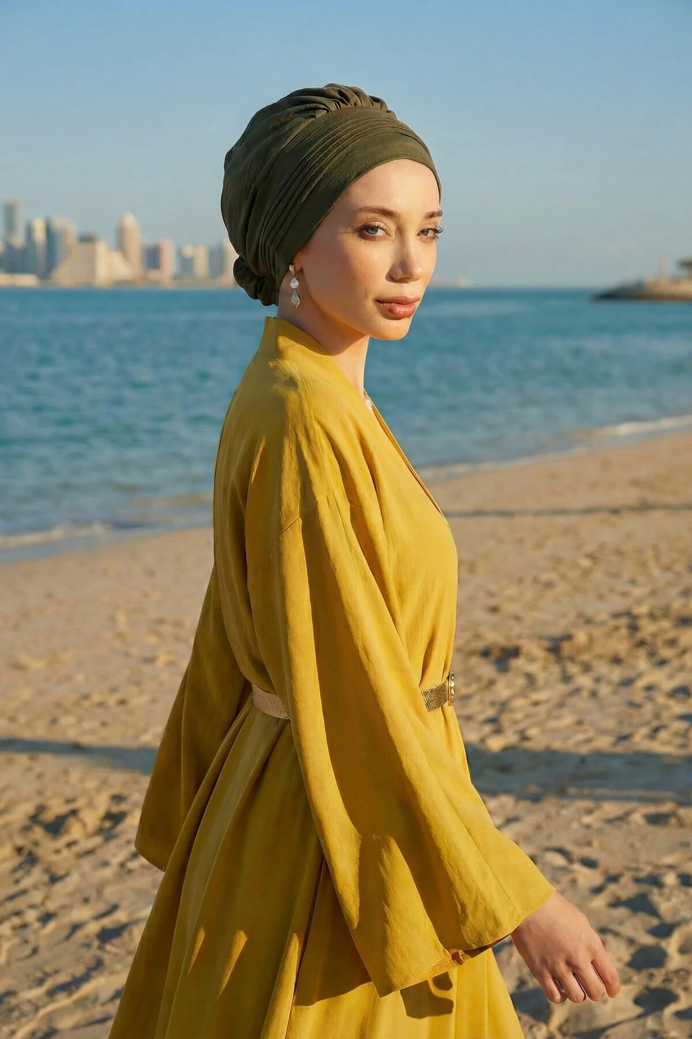 Aisha's Design Dikişli Pileli Hazır Türban,Haki Yeşili,HT-31A
