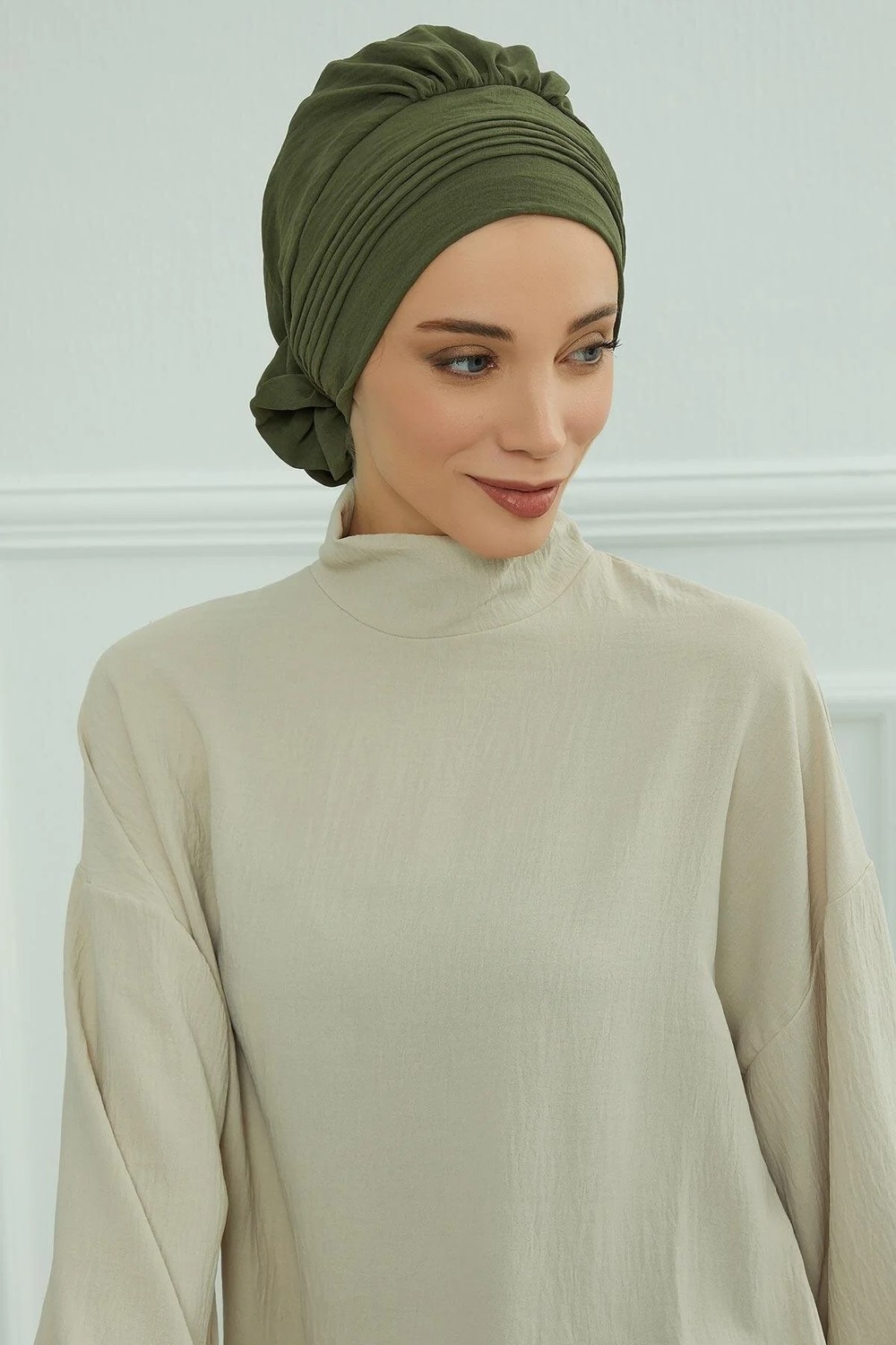 Aisha's Design Dikişli Pileli Hazır Türban,Haki Yeşili,HT-31A görsel 8