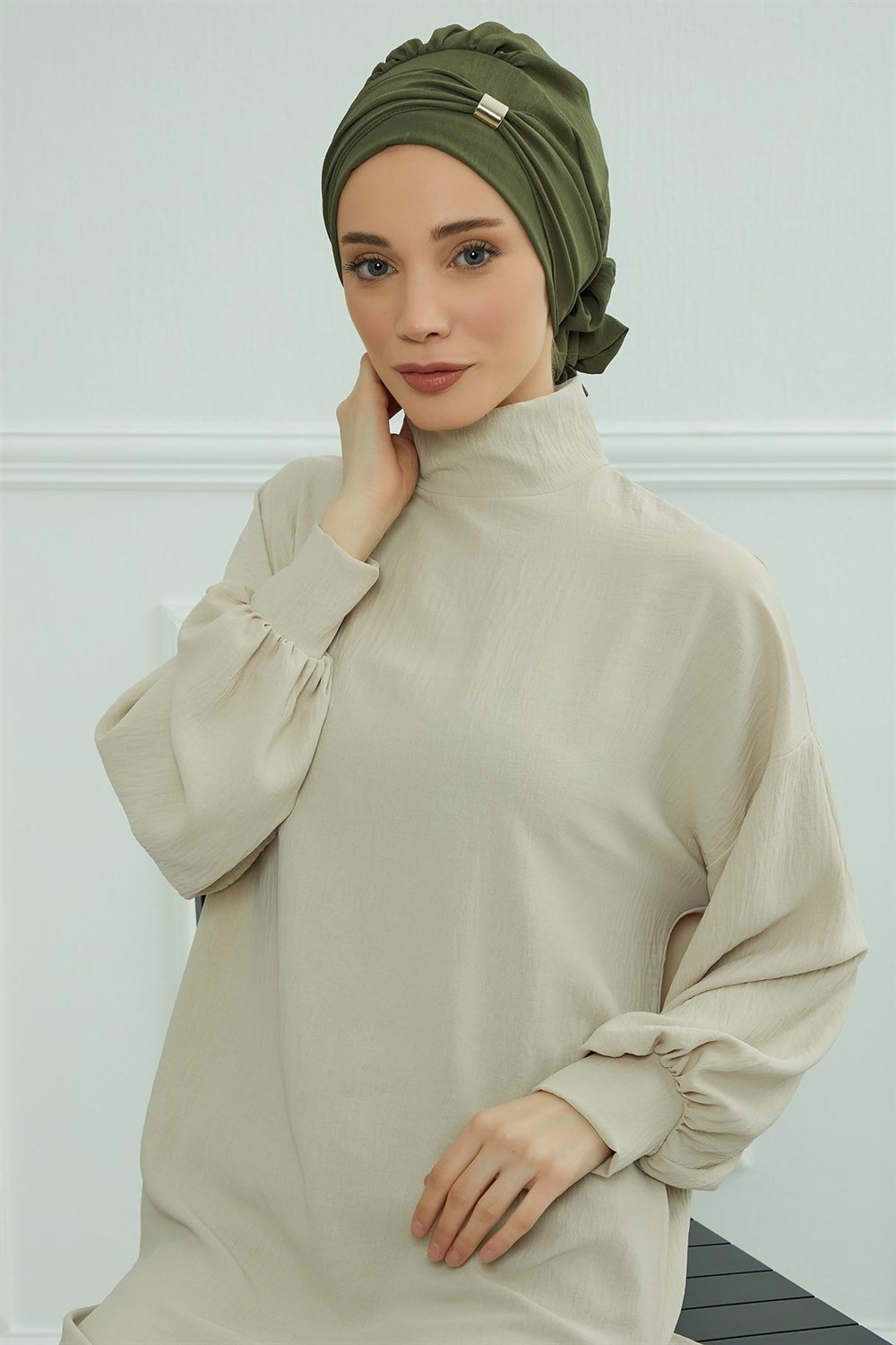 Aisha's Design Aksesuarlı Hazır Türban,Haki Yeşili,HT-95 görsel 2
