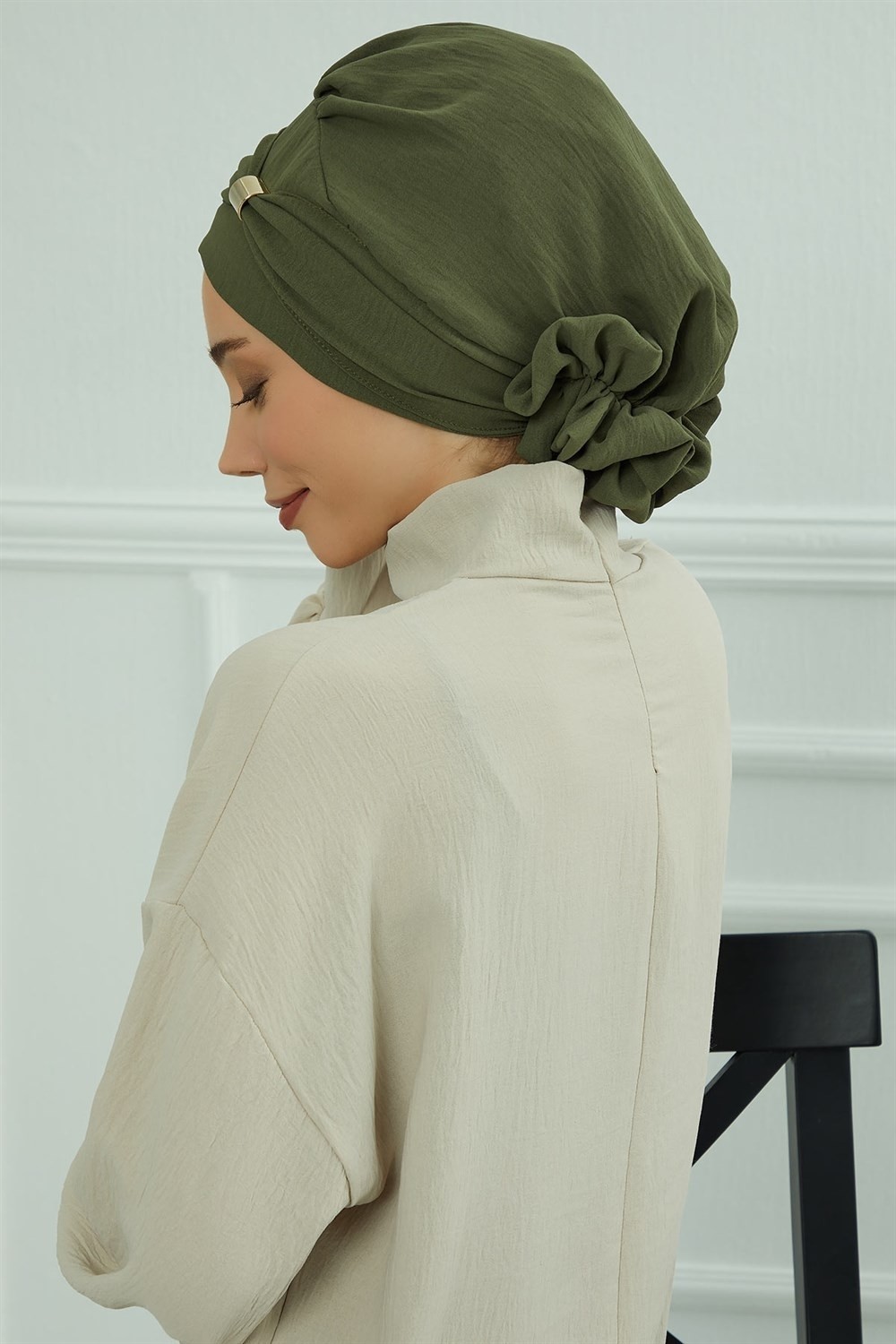 Aisha's Design Aksesuarlı Hazır Türban,Haki Yeşili,HT-95 görsel 3