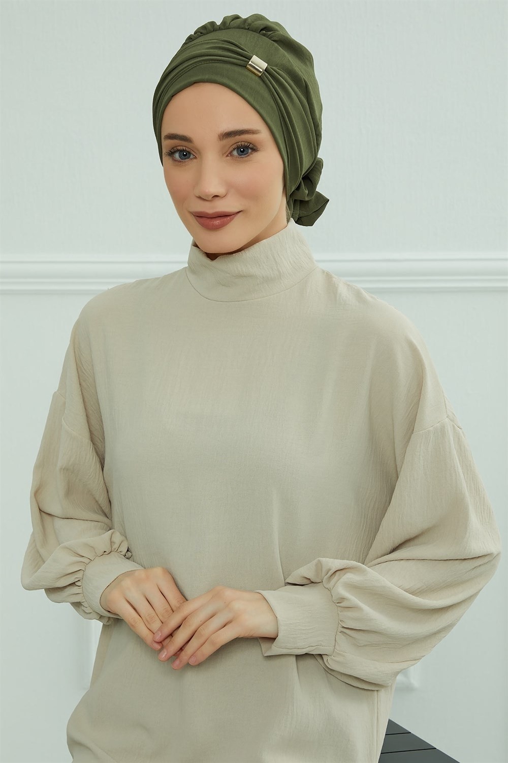 Aisha's Design Aksesuarlı Hazır Türban,Haki Yeşili,HT-95 görsel 4