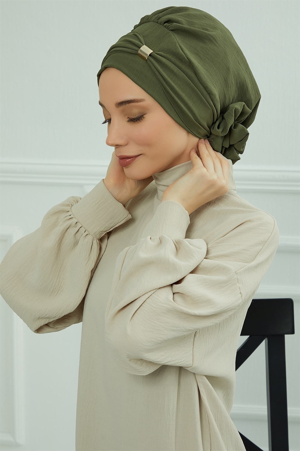 Aisha's Design Aksesuarlı Hazır Türban,Haki Yeşili,HT-95 görsel 5