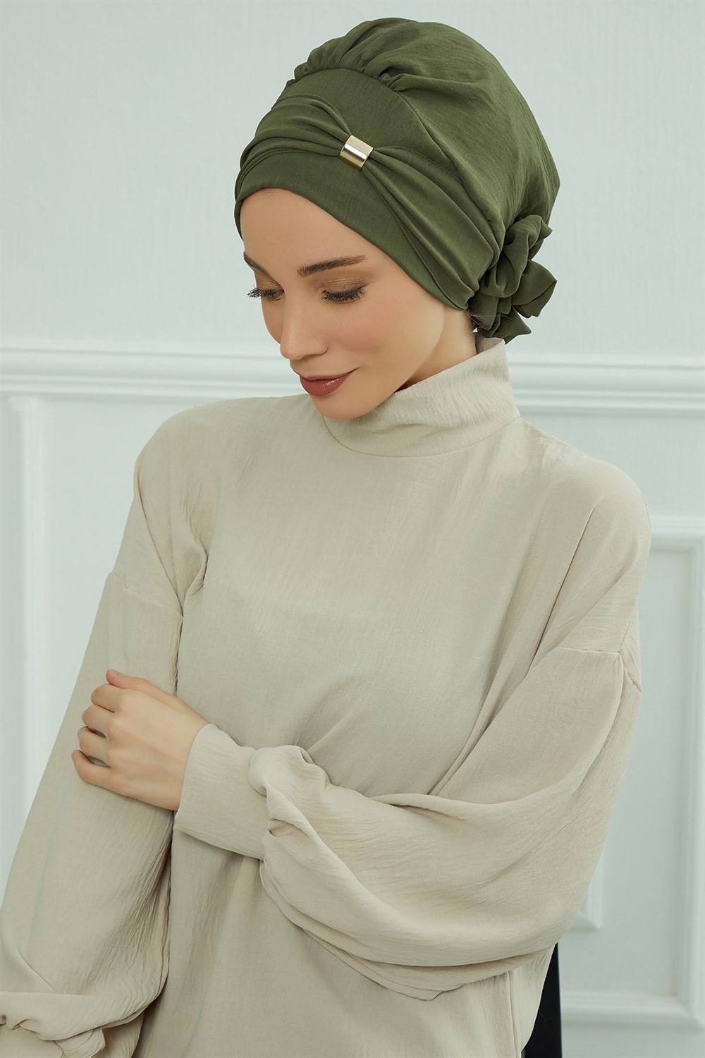 Aisha's Design Aksesuarlı Hazır Türban,Haki Yeşili,HT-95 görsel 6