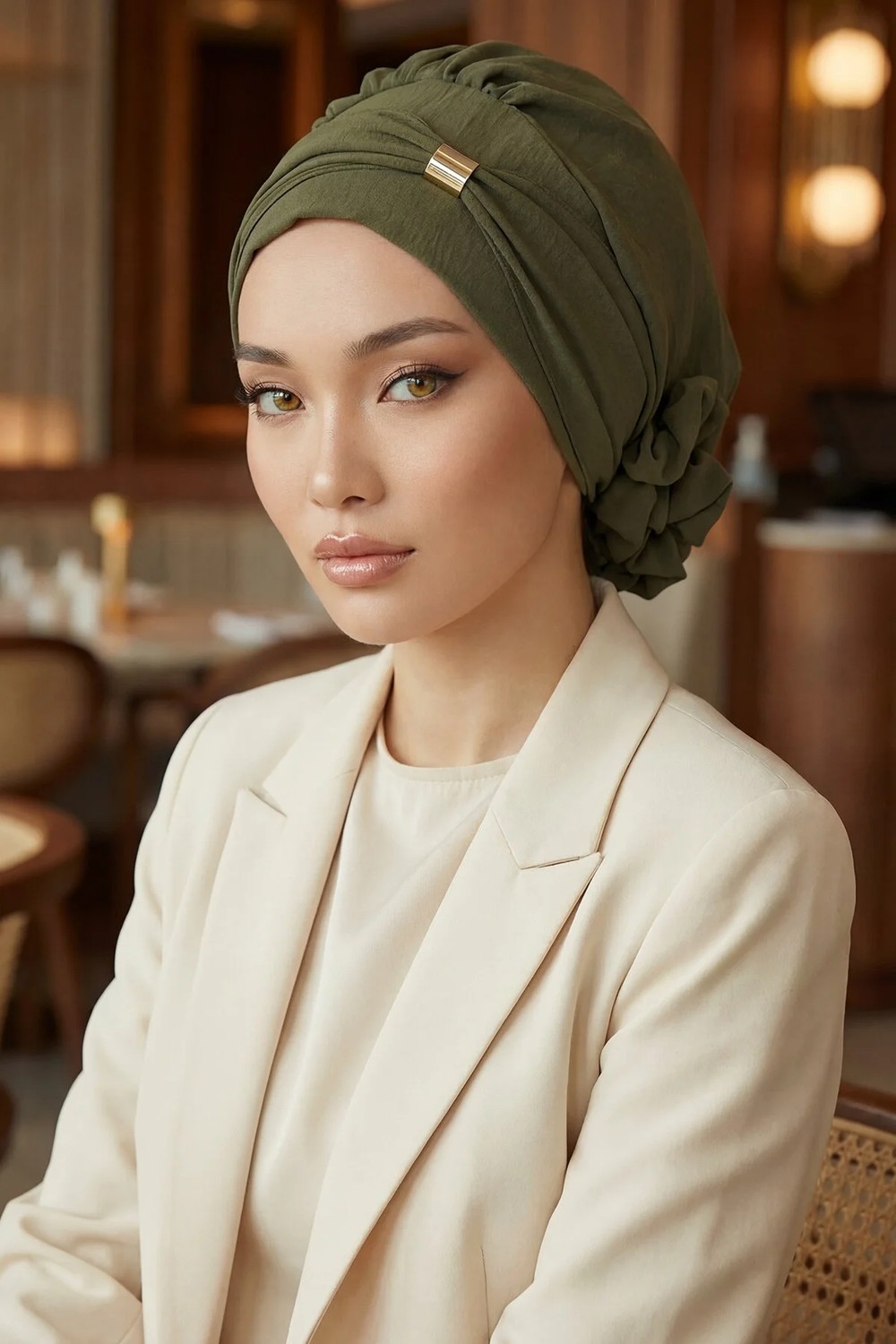 Aisha's Design Aksesuarlı Hazır Türban,Haki Yeşili,HT-95