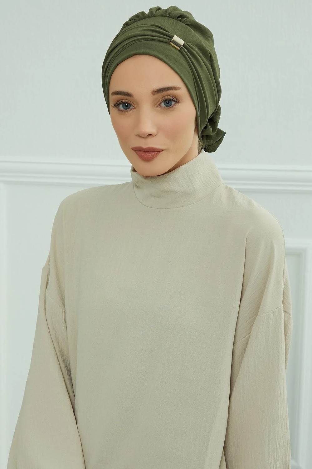 Aisha's Design Aksesuarlı Hazır Türban,Haki Yeşili,HT-95 görsel 7