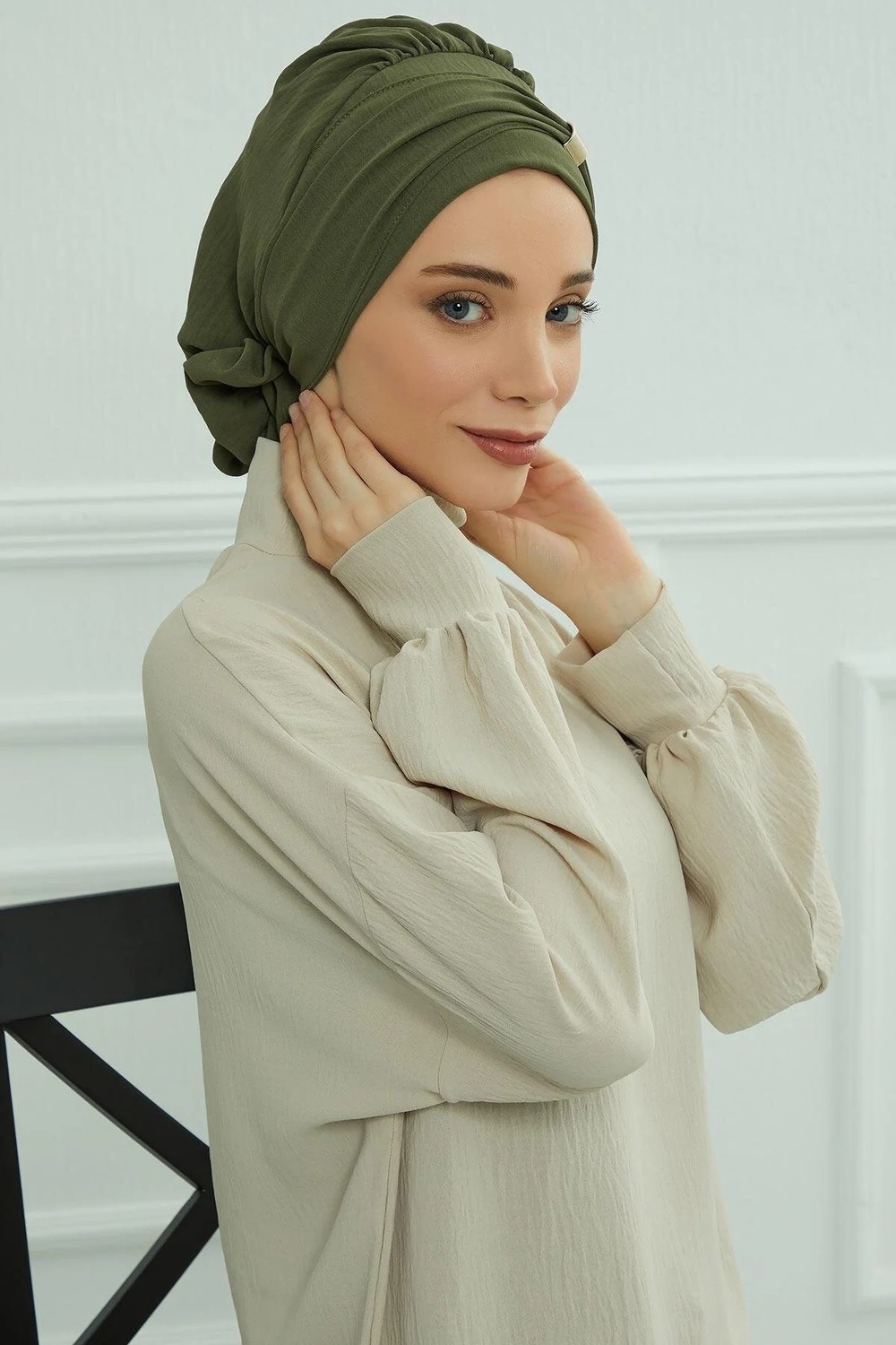 Aisha's Design Aksesuarlı Hazır Türban,Haki Yeşili,HT-95 görsel 8