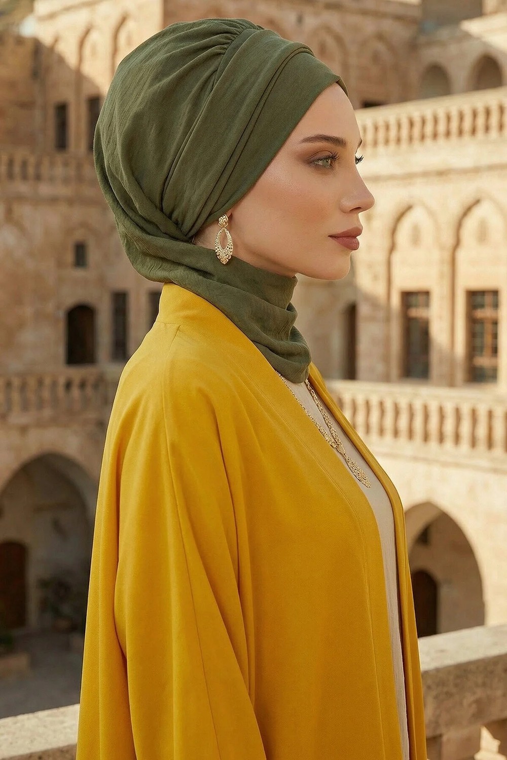 Aisha's Design Dekolte Kapatabilen Gold Aksesuarlı Hazır Türban,Haki Yeşili,HT-11A görsel 2