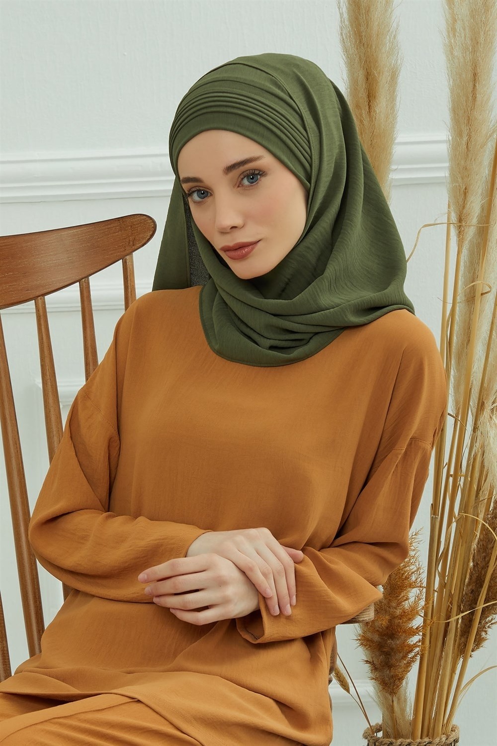 Aisha's Design Dikişli Pileli Pratik Şal,Haki Yeşili,CPS-90