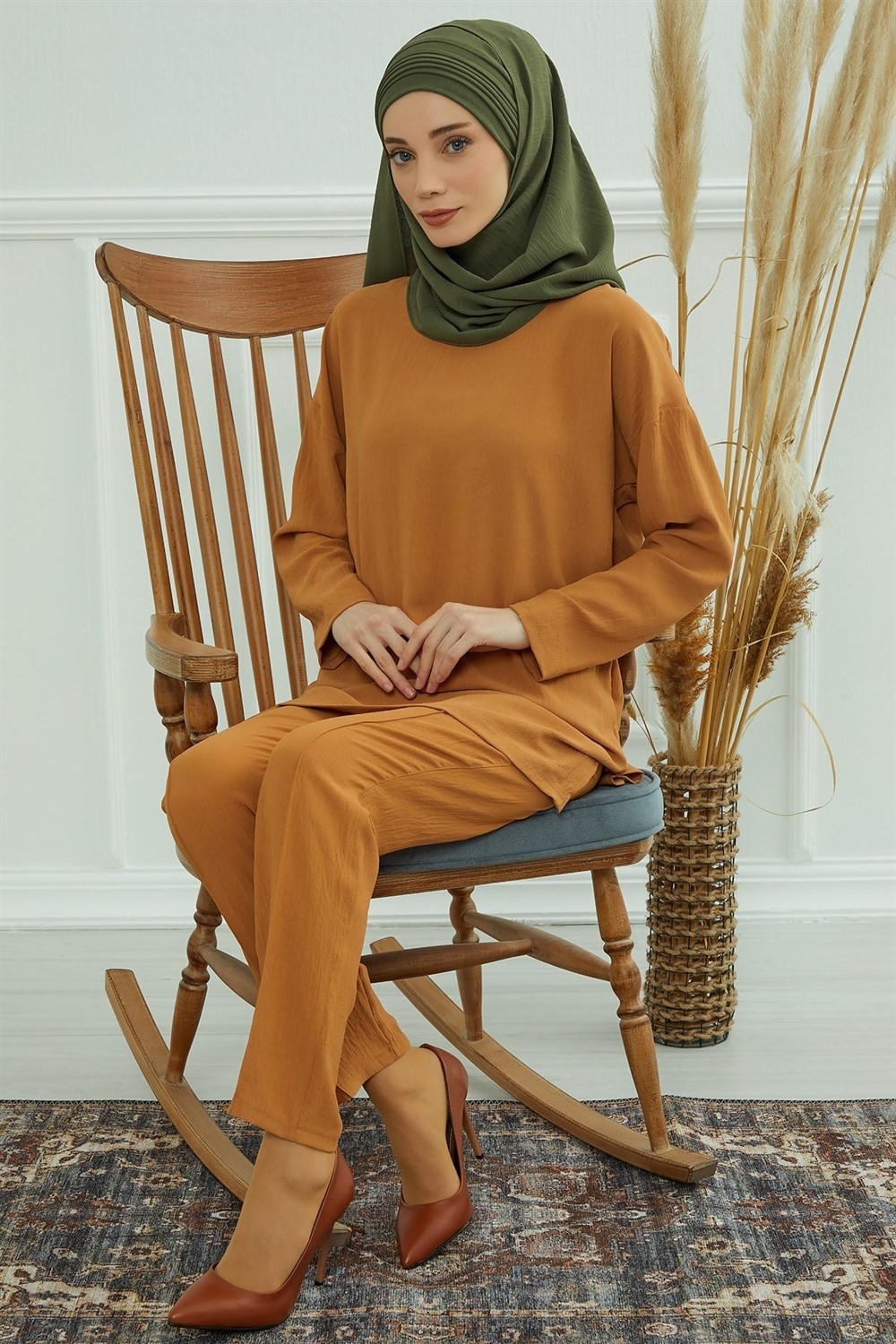 Aisha's Design Dikişli Pileli Pratik Şal,Haki Yeşili,CPS-90 görsel 2