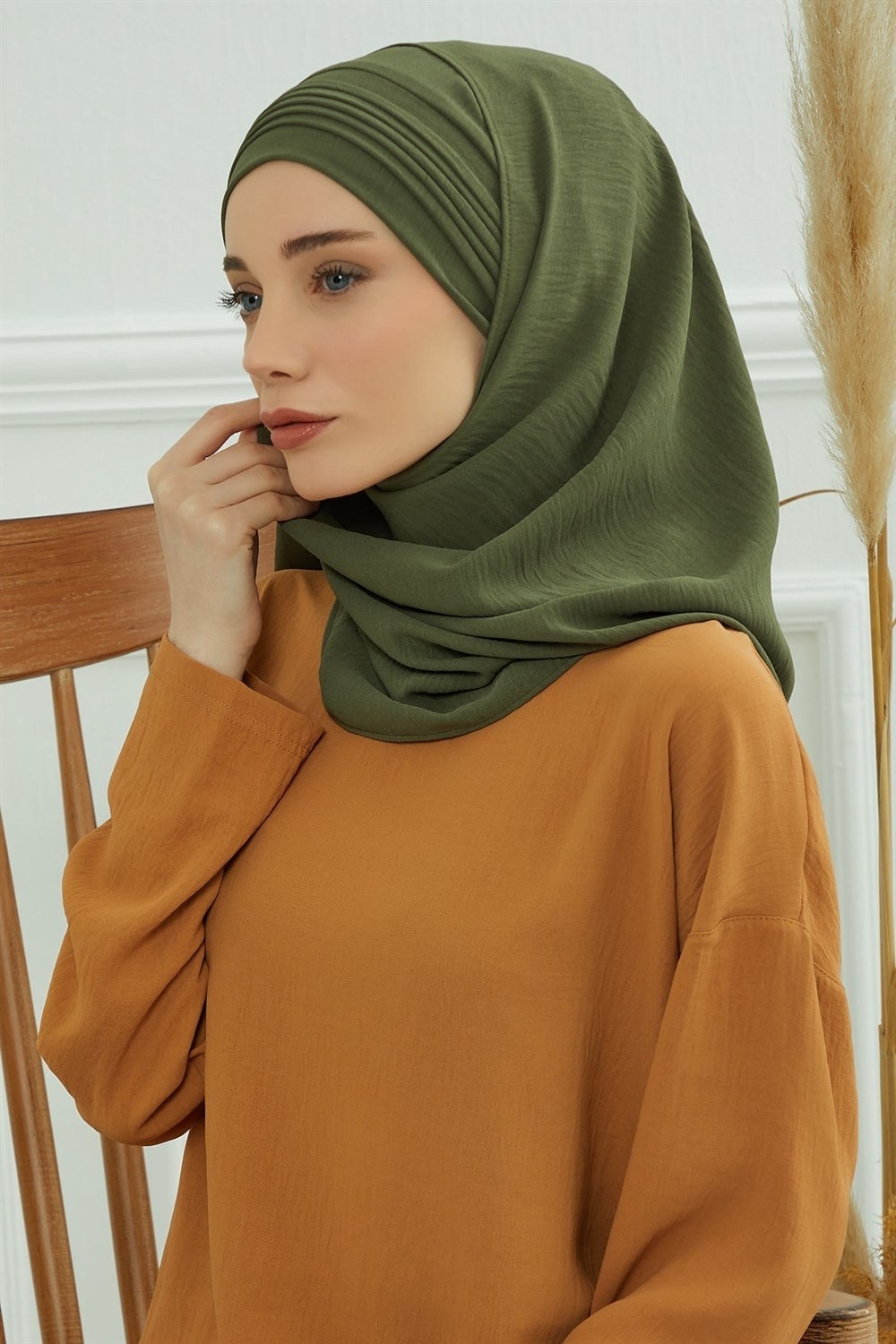 Aisha's Design Dikişli Pileli Pratik Şal,Haki Yeşili,CPS-90 görsel 3