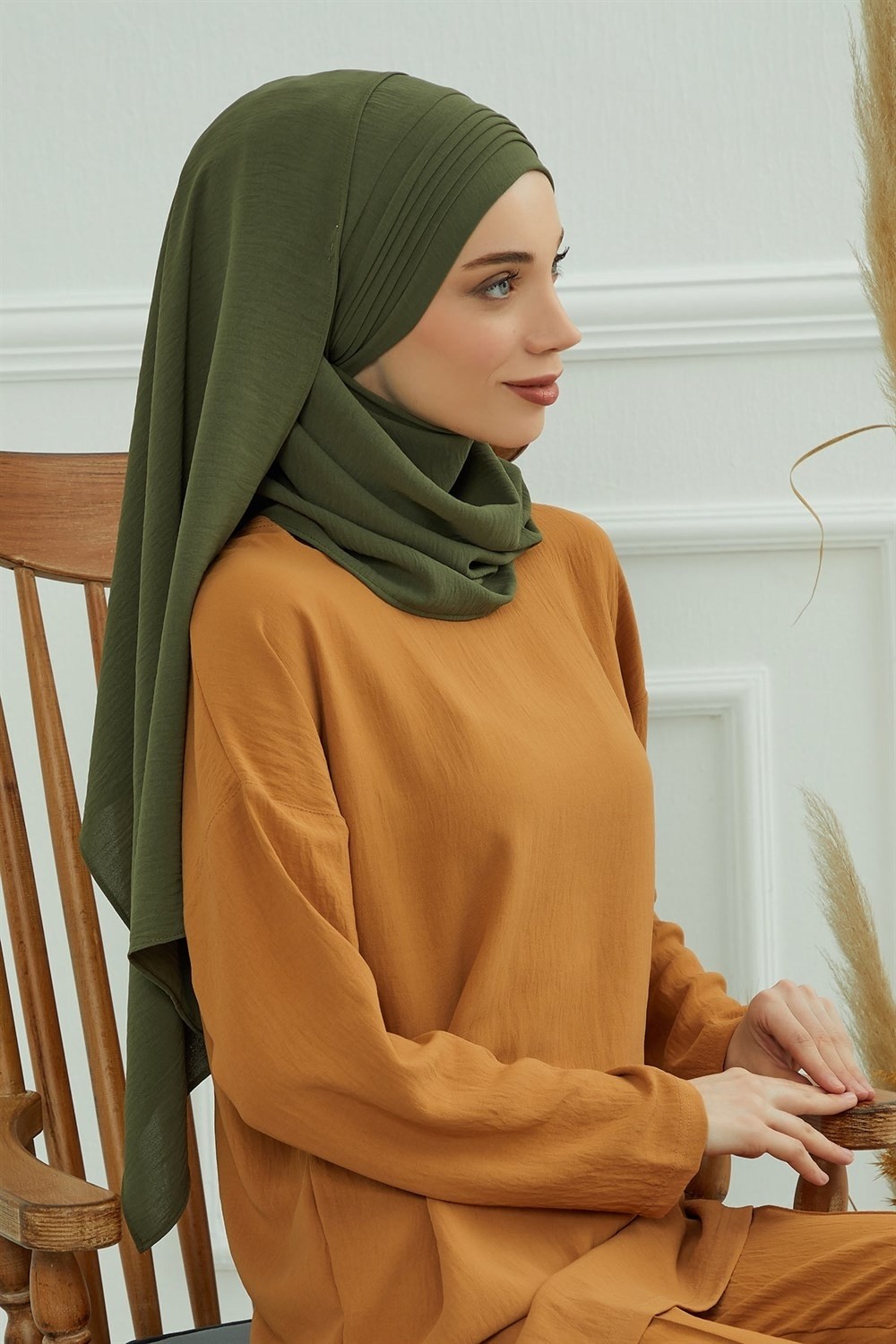Aisha's Design Dikişli Pileli Pratik Şal,Haki Yeşili,CPS-90 görsel 4