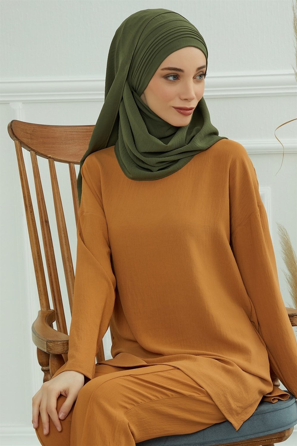 Aisha's Design Dikişli Pileli Pratik Şal,Haki Yeşili,CPS-90 görsel 5