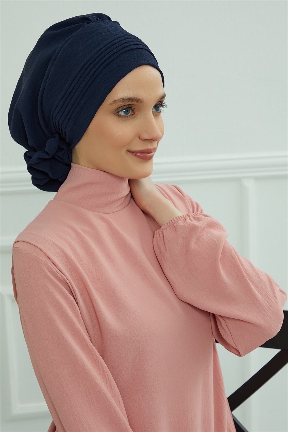 Aisha's Design Dikişli Pileli Hazır Türban,Lacivert,HT-31A görsel 3