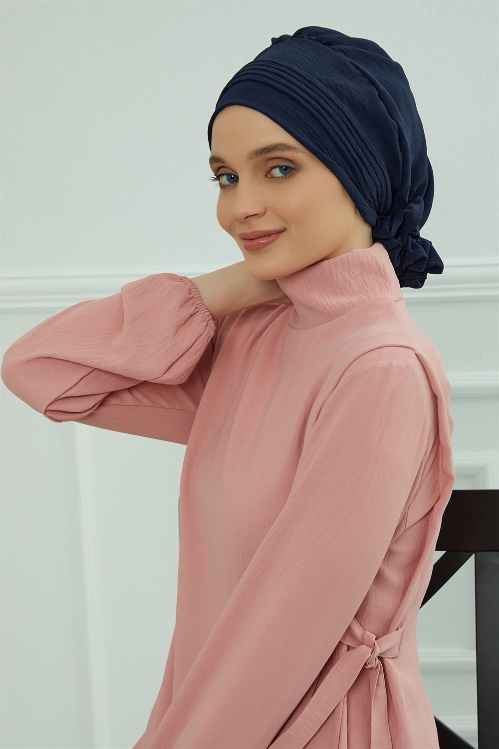 Aisha's Design Dikişli Pileli Hazır Türban,Lacivert,HT-31A görsel 4