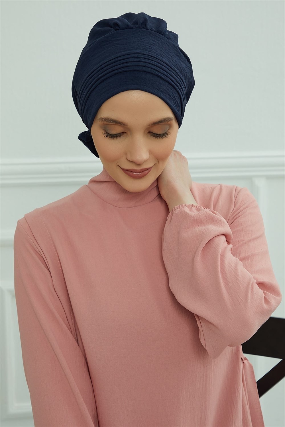 Aisha's Design Dikişli Pileli Hazır Türban,Lacivert,HT-31A görsel 5