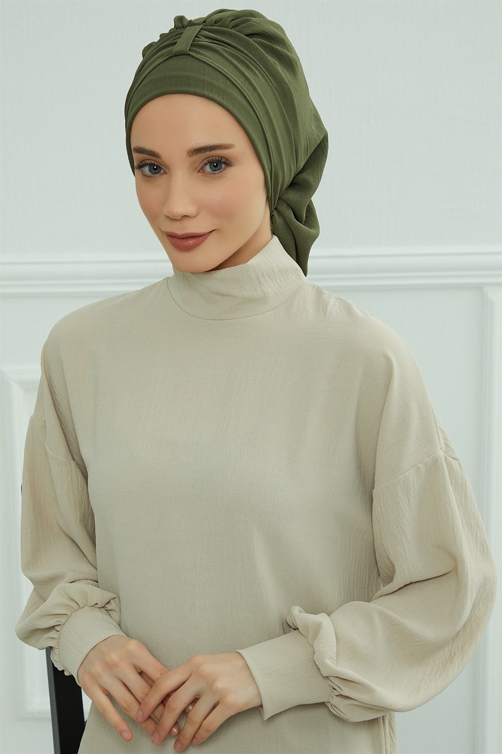 Aisha's Design Pratik Kullanışlı Hazır Türban,Haki Yeşili,HT-90 görsel 3