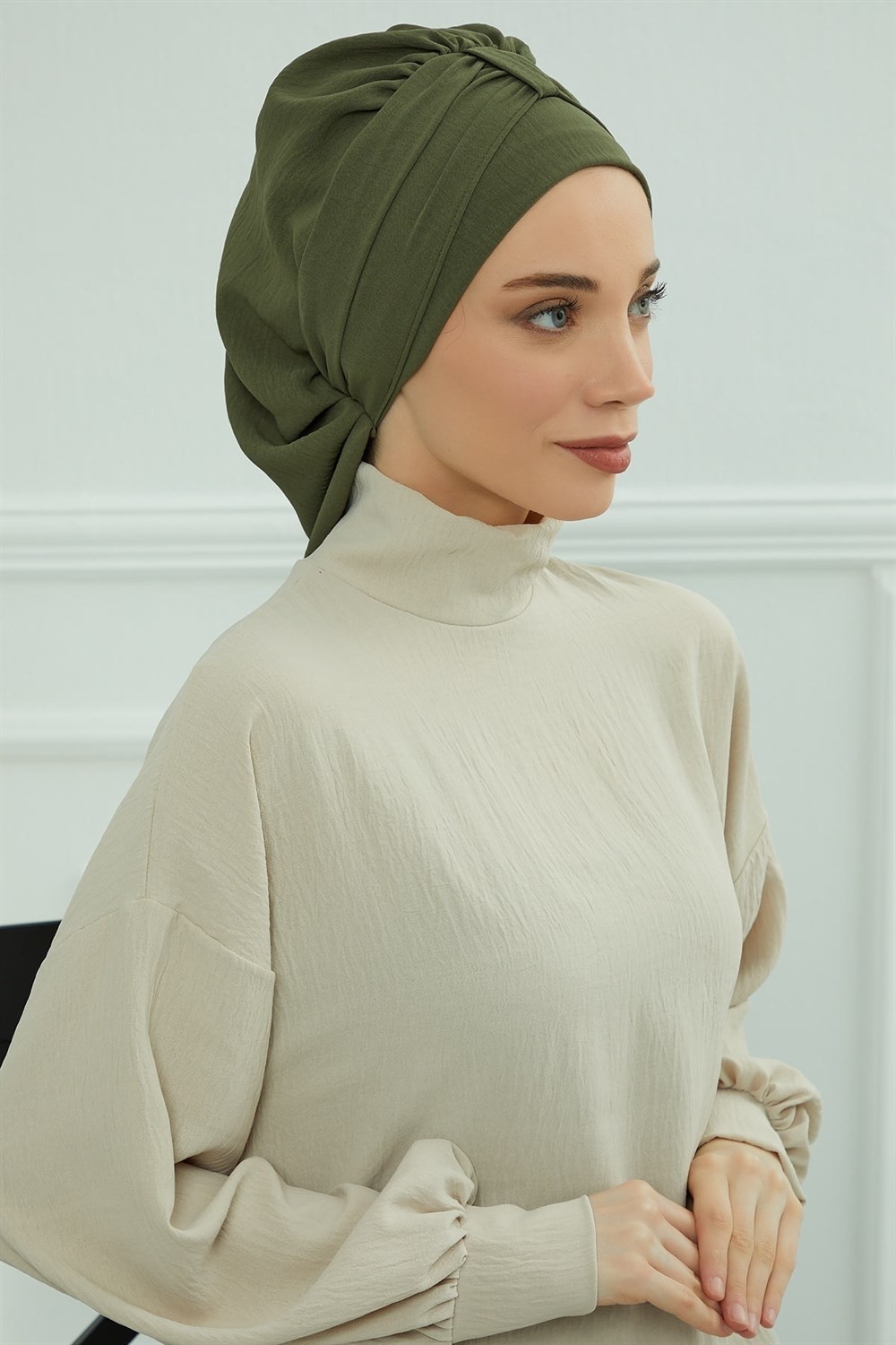 Aisha's Design Pratik Kullanışlı Hazır Türban,Haki Yeşili,HT-90 görsel 4