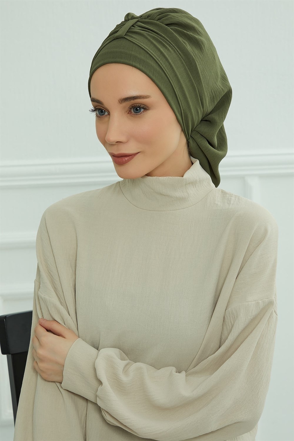 Aisha's Design Pratik Kullanışlı Hazır Türban,Haki Yeşili,HT-90 görsel 5