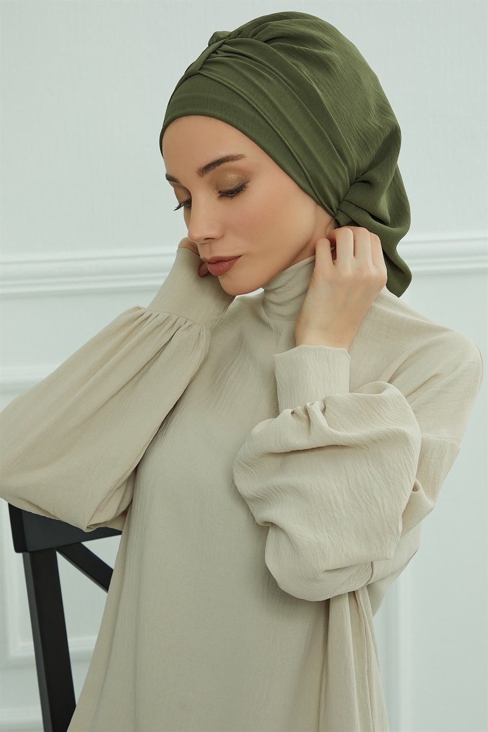 Aisha's Design Pratik Kullanışlı Hazır Türban,Haki Yeşili,HT-90 görsel 6