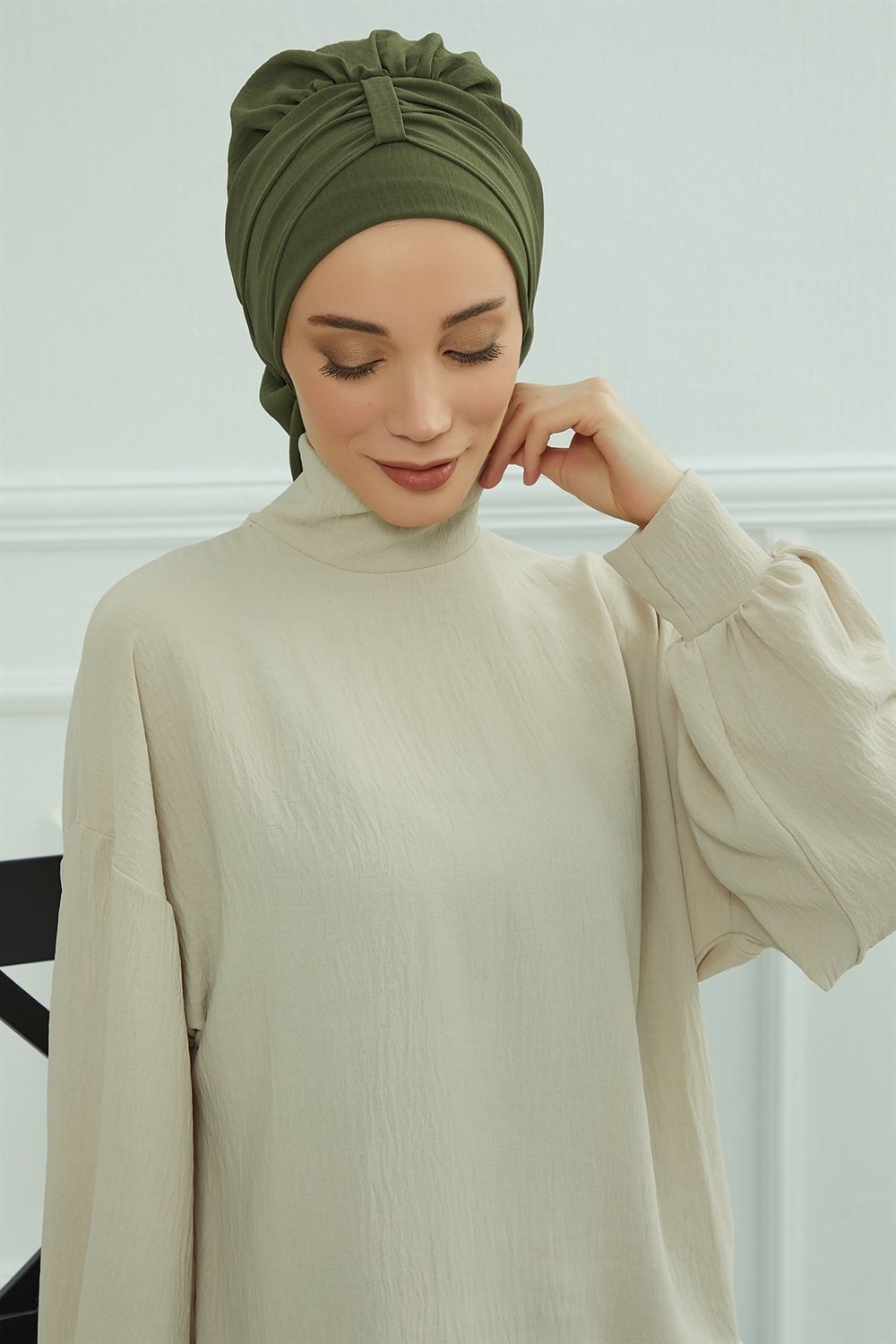 Aisha's Design Pratik Kullanışlı Hazır Türban,Haki Yeşili,HT-90 görsel 7