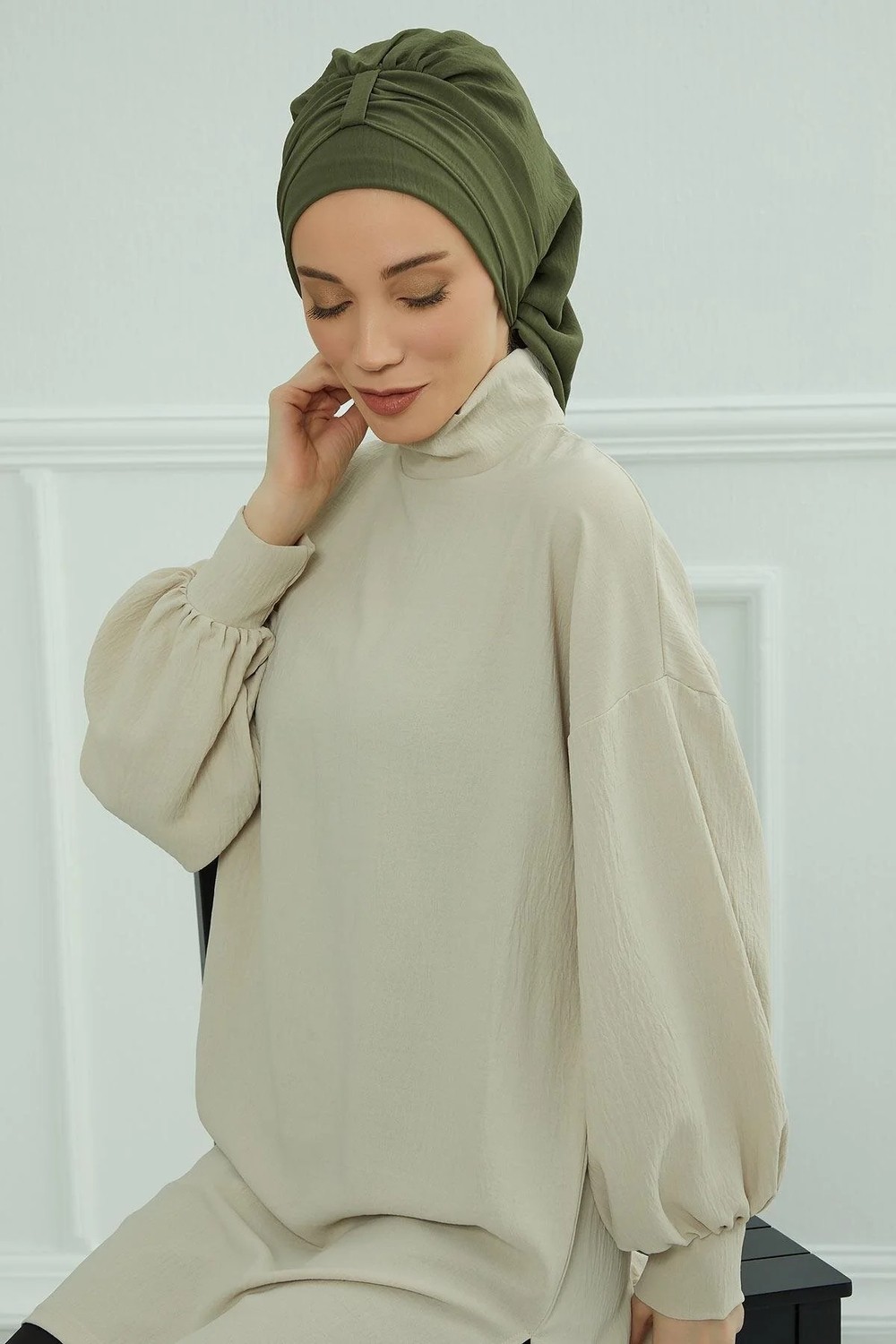 Aisha's Design Pratik Kullanışlı Hazır Türban,Haki Yeşili,HT-90 görsel 8