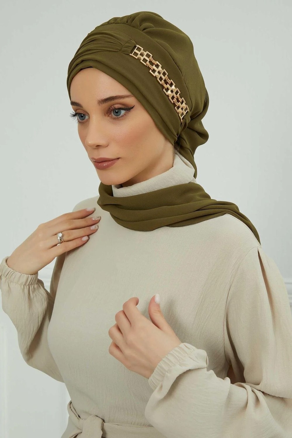 Aisha's Design Gold Aksesuarlı Tasarım Şifon Hazır Türban,HT-28,HT-28,Fuşya görsel 6