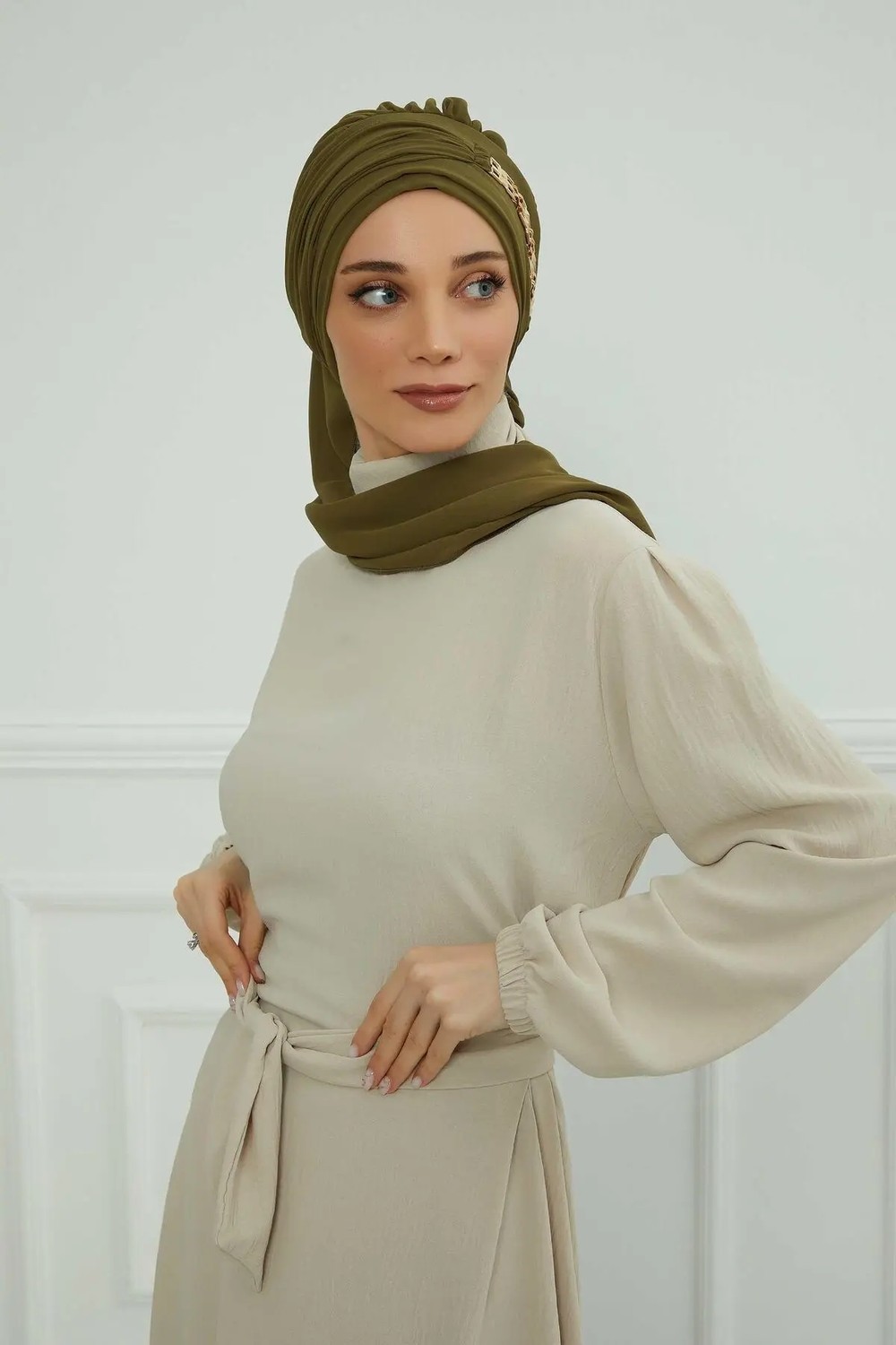 Aisha's Design Gold Aksesuarlı Tasarım Şifon Hazır Türban,HT-28,HT-28,Fuşya görsel 7