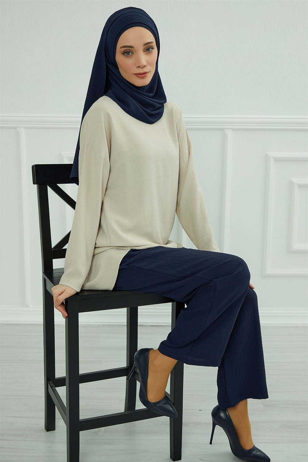 Aisha's Design Pileli Tasarım Şal,Lacivert,CPS-93 görsel 4